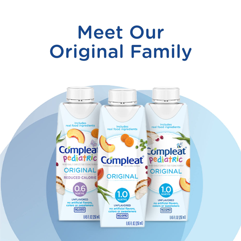 Compleat Pediatric packaging shows nutrition details for caregiver planning.