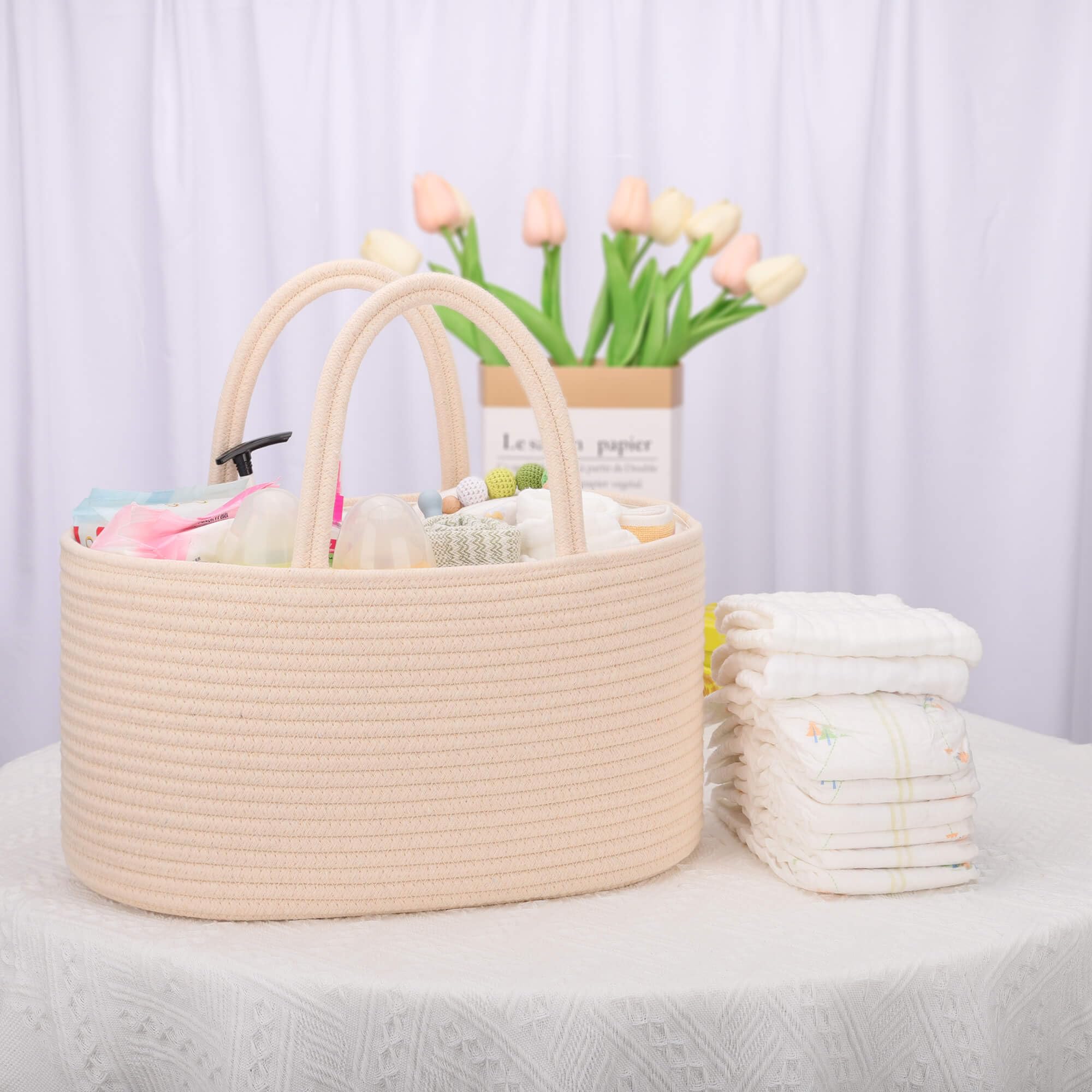 COMSE diaper caddy gift-ready basket suitable for baby showers.