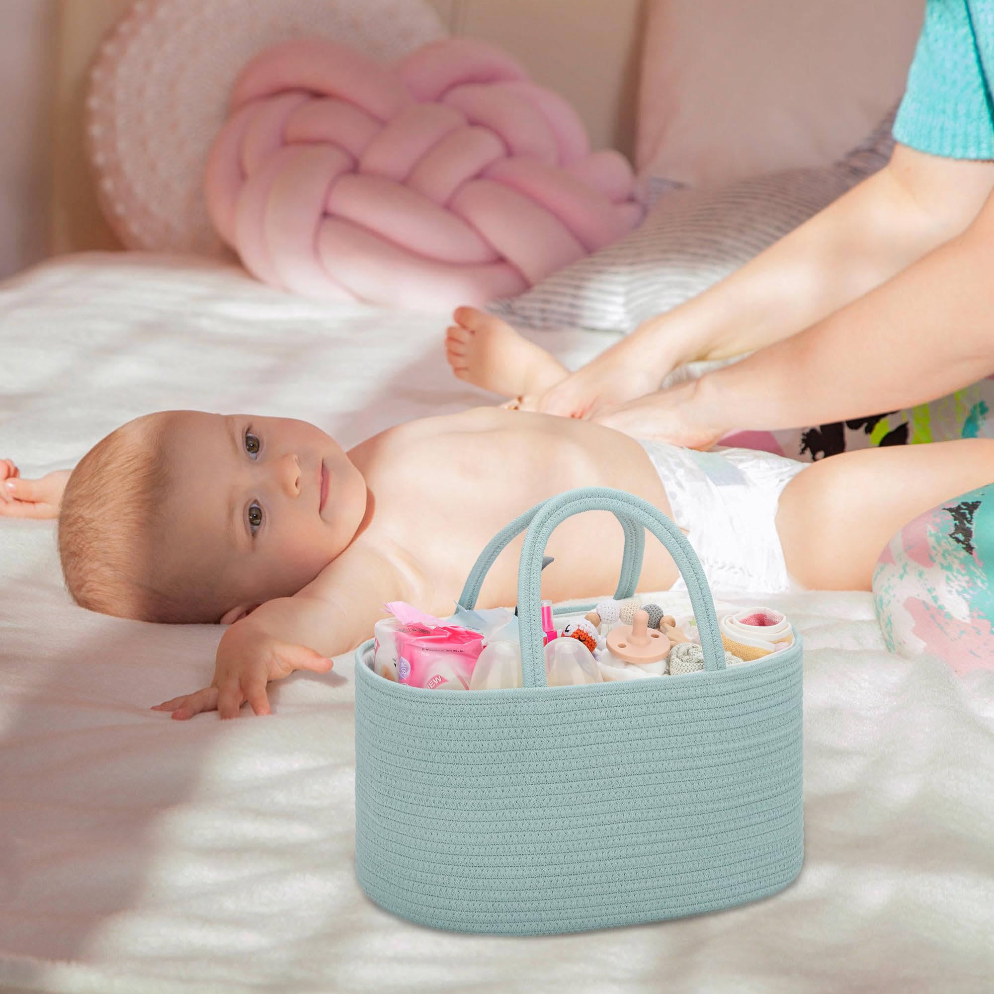 COMSE diaper caddy light green color complements nursery decor while staying versatile