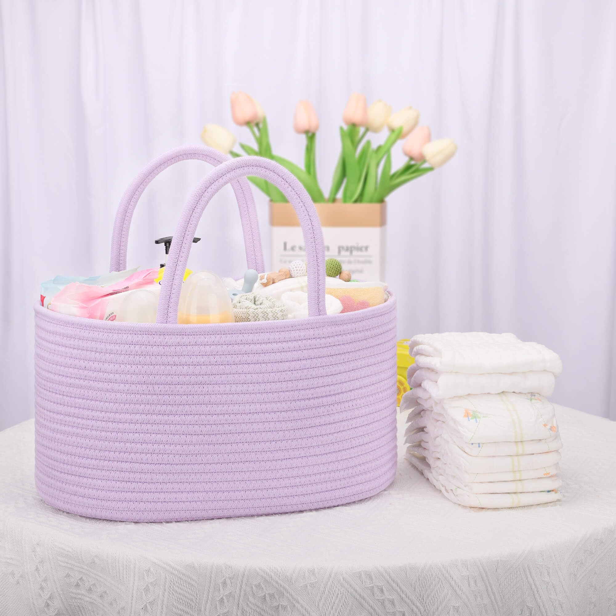 COMSE diaper caddy purple car-ready setup supports on-the-go diaper changes.