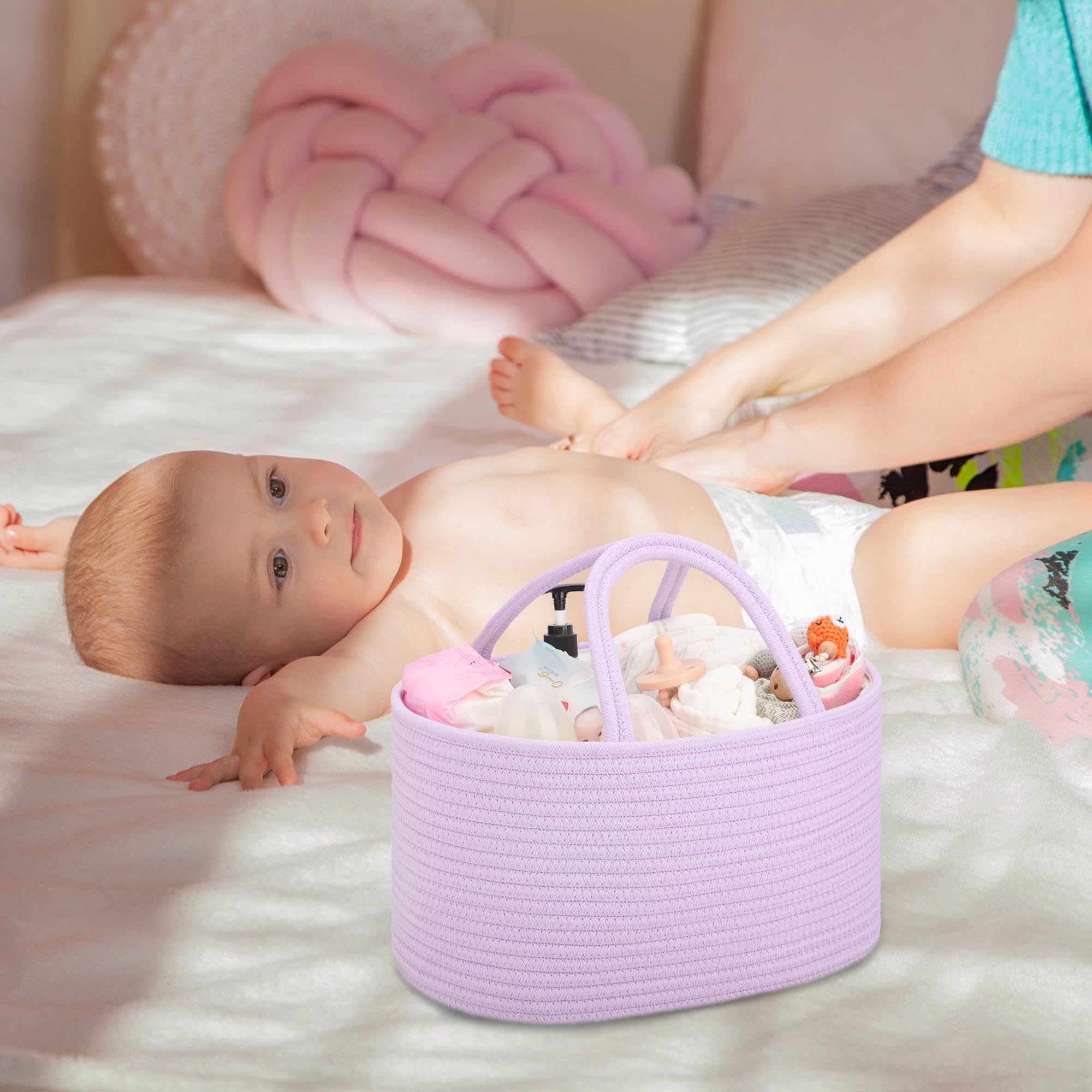 COMSE diaper caddy purple gift-ready basket suitable for baby showers.