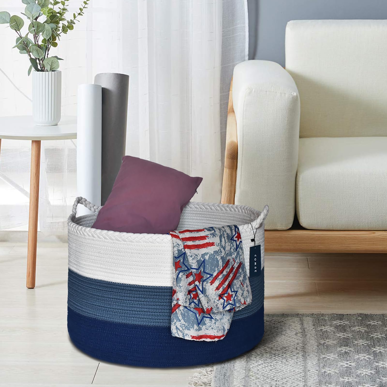 COMSE blanket basket closeup highlights durable cotton rope weave texture.