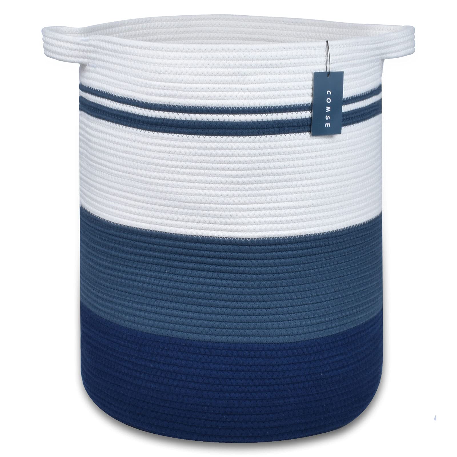 COMSE blanket basket gradient blue front view highlights sturdy handles for easy transport.