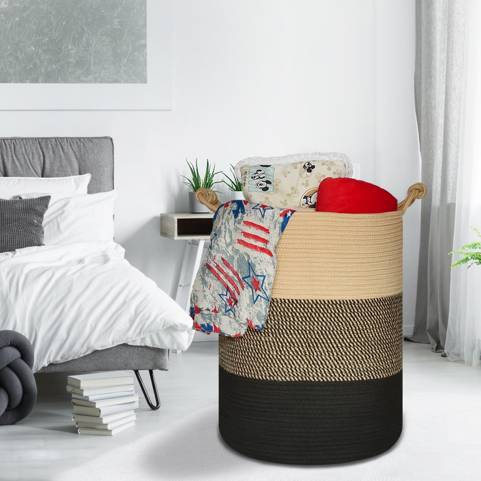 COMSE blanket basket in laundry room shows versatile organization.