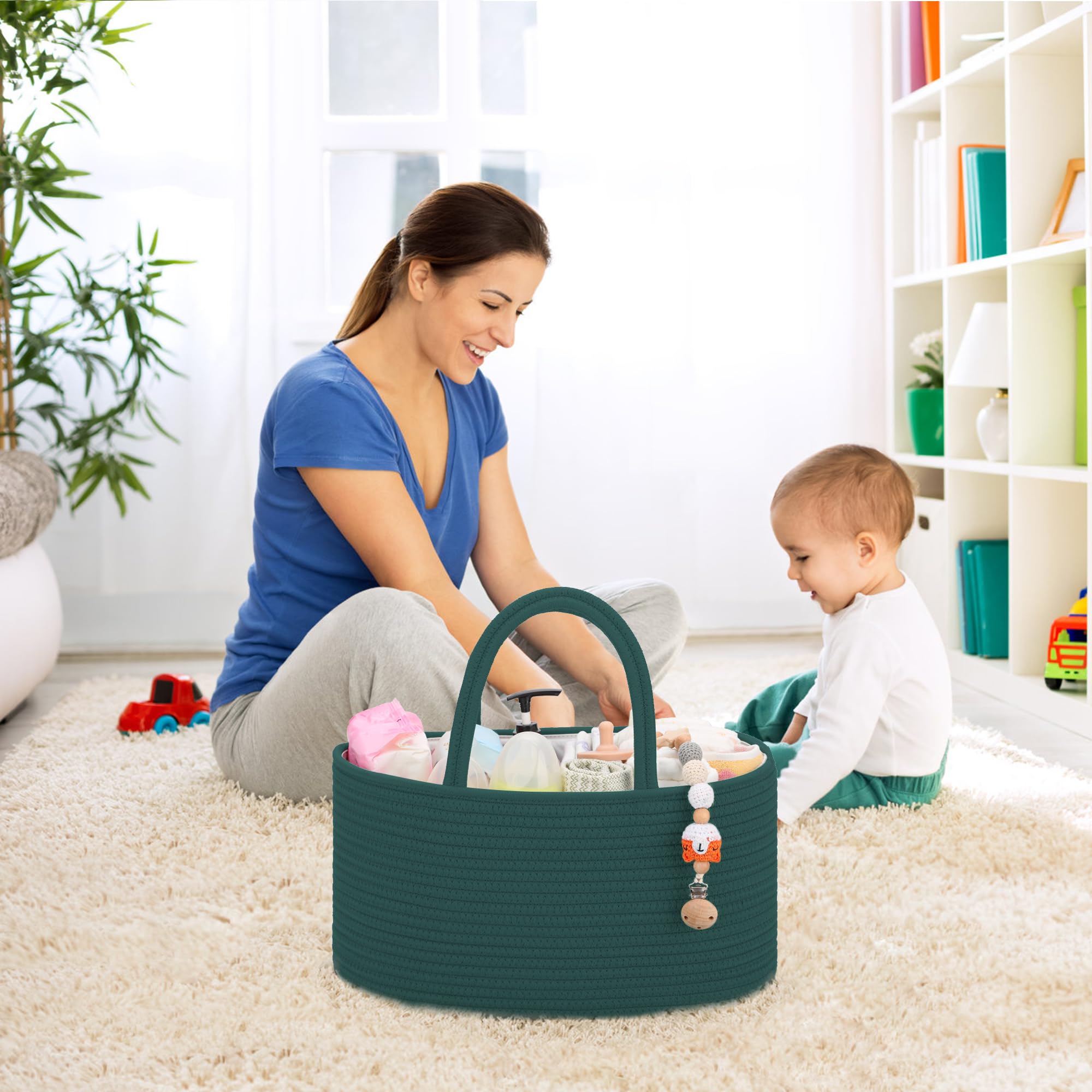 COMSE cotton diaper basket sits neatly on a dresser or changing station.