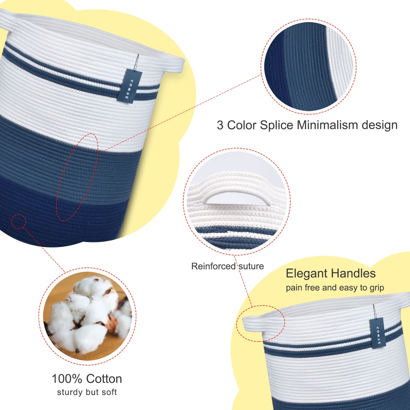 COMSE large storage basket with durable handles ready for blankets.