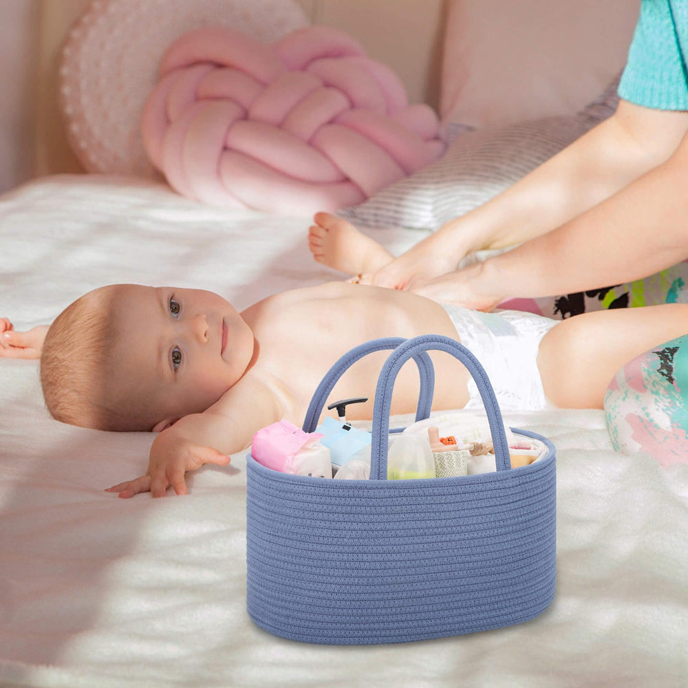 COMSE Folkstone Gray diaper caddy complements modern nursery decor while organizing supplies.