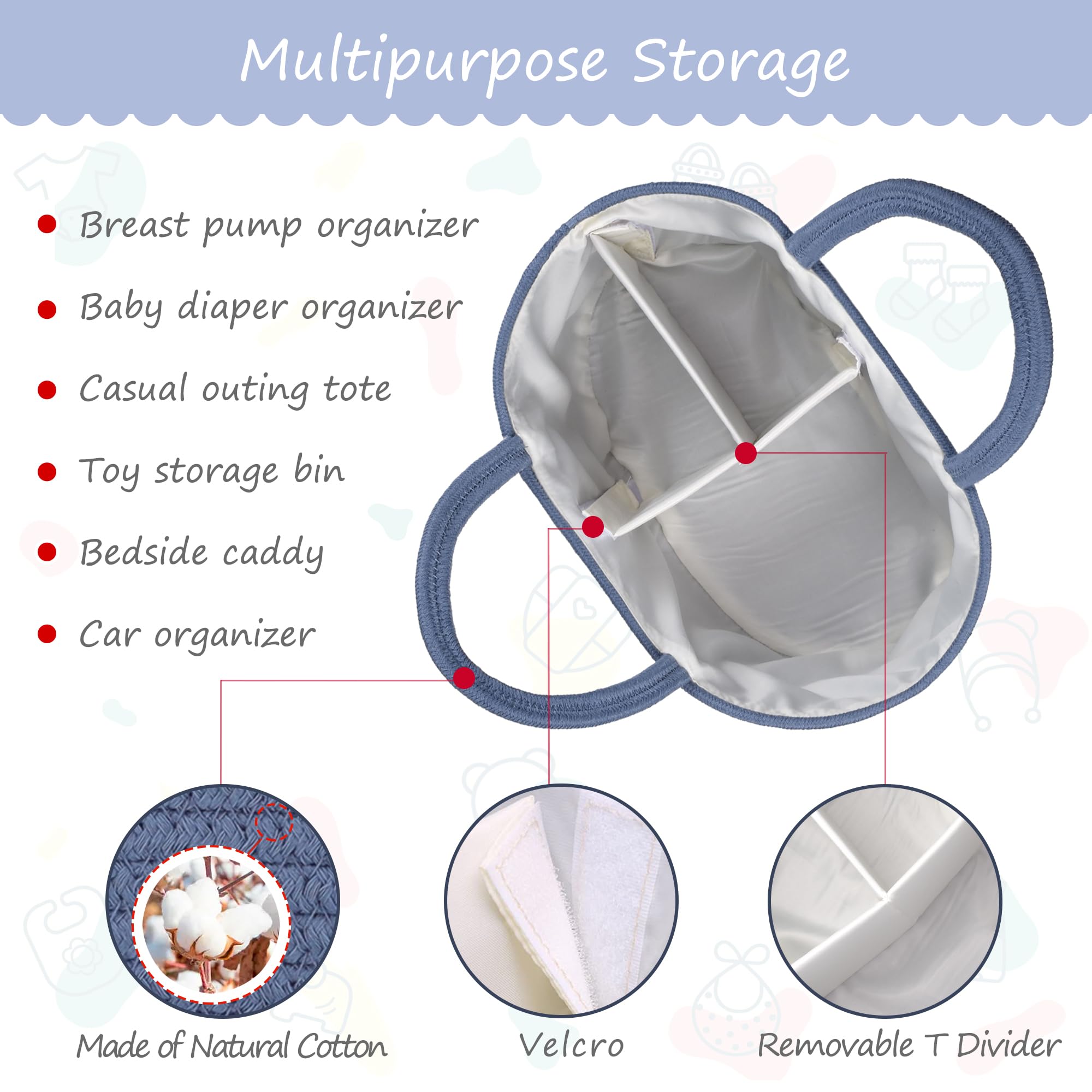 COMSE diaper caddy with sturdy handles for easy carrying to the changing station.