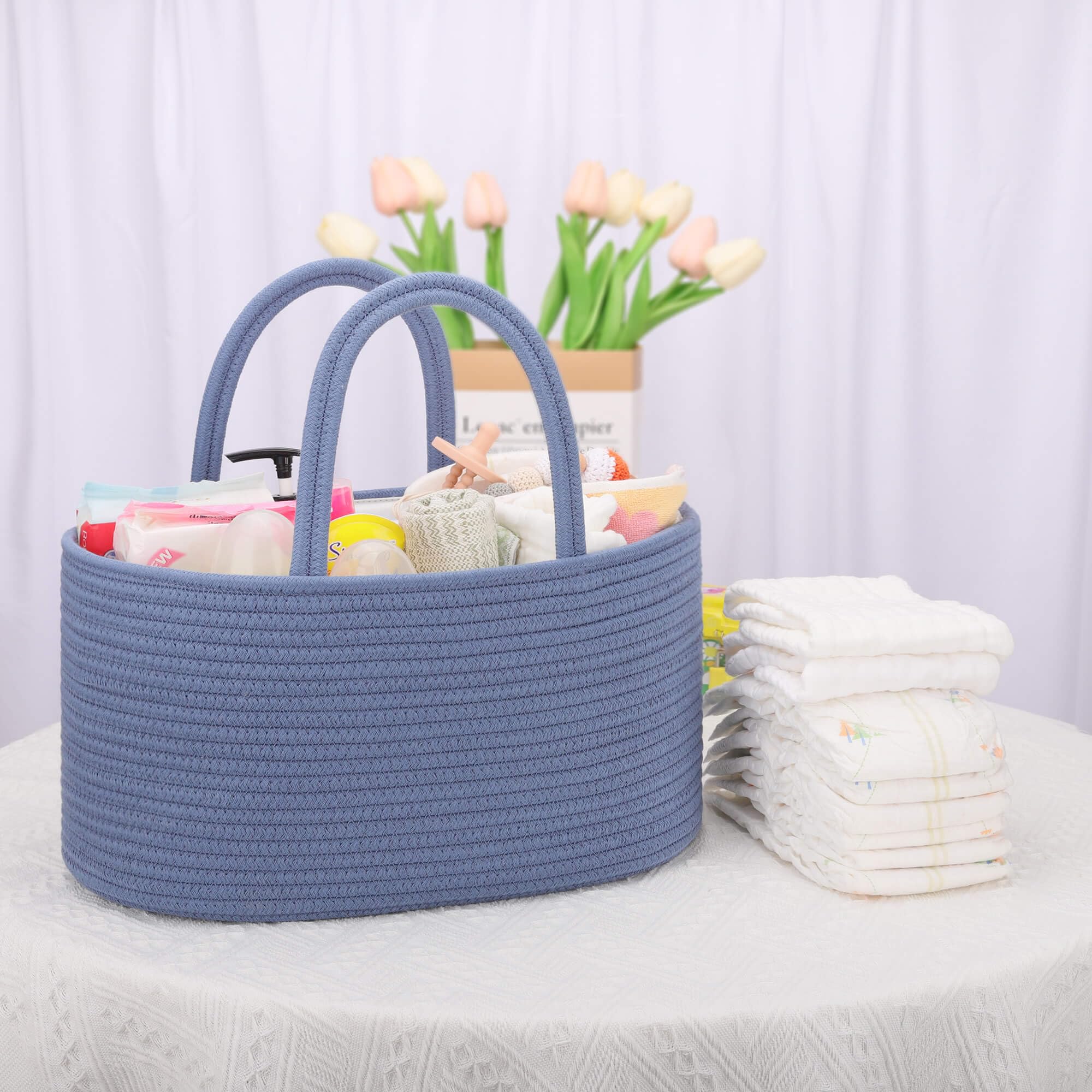 COMSE diaper caddy used as a toy bin shows multi-use nursery storage.