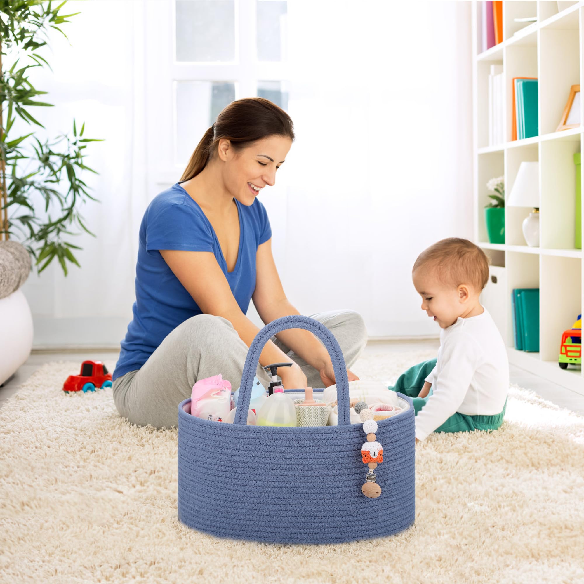 COMSE diaper caddy top view highlights spacious compartments for diapers and wipes.