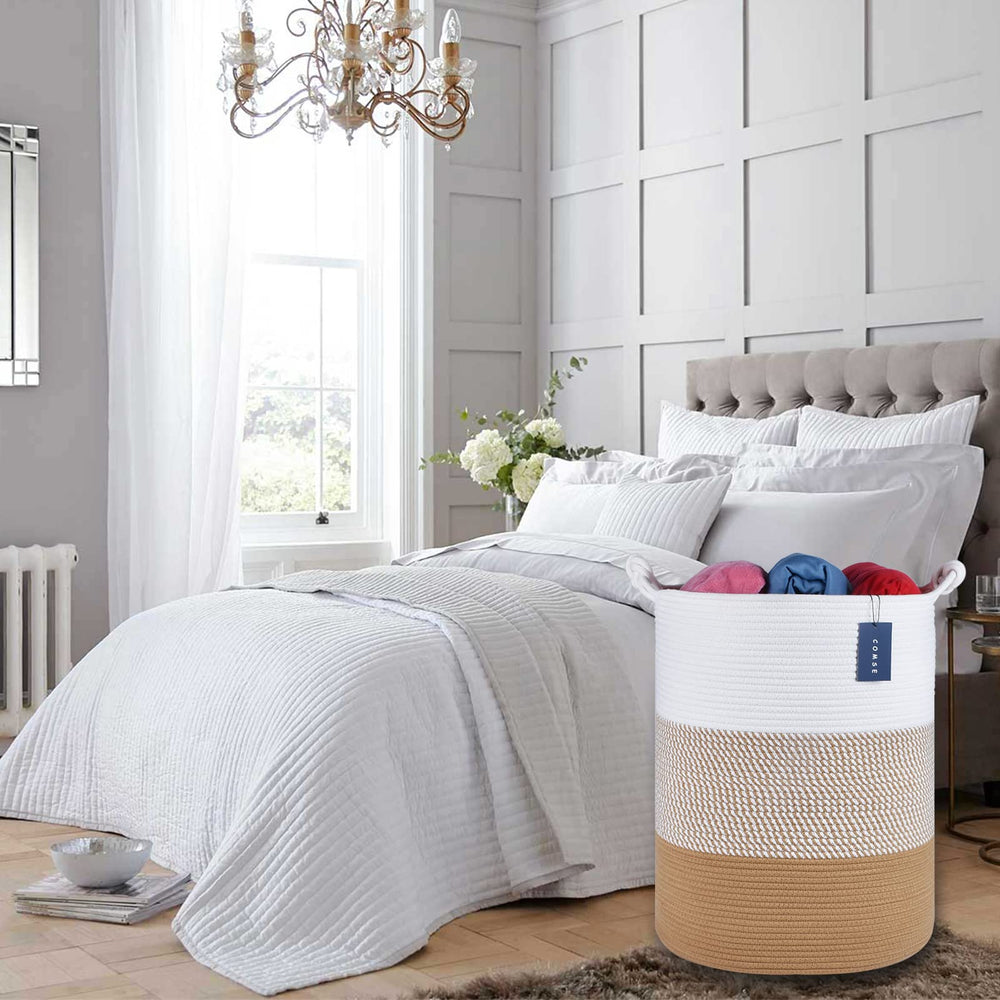 COMSE Extra Large Blanket Basket neutral color design blends with any decor
