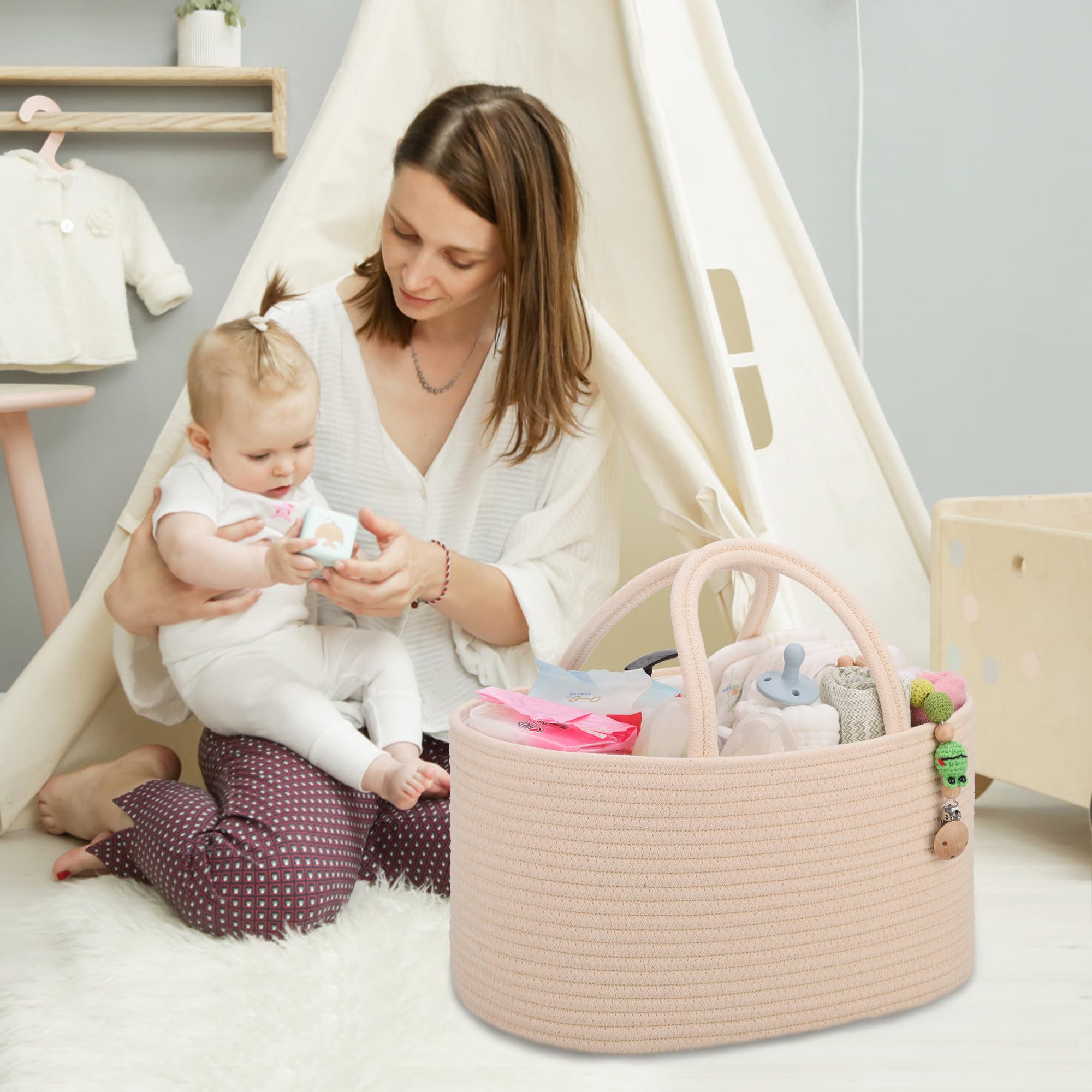COMSE diaper caddy removable divider, doubles as toy storage.