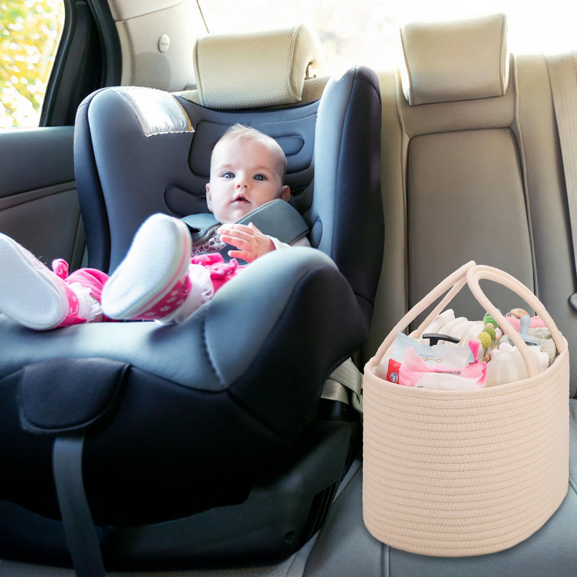 COMSE beige diaper organizer, soft cotton basket for nursery decor.
