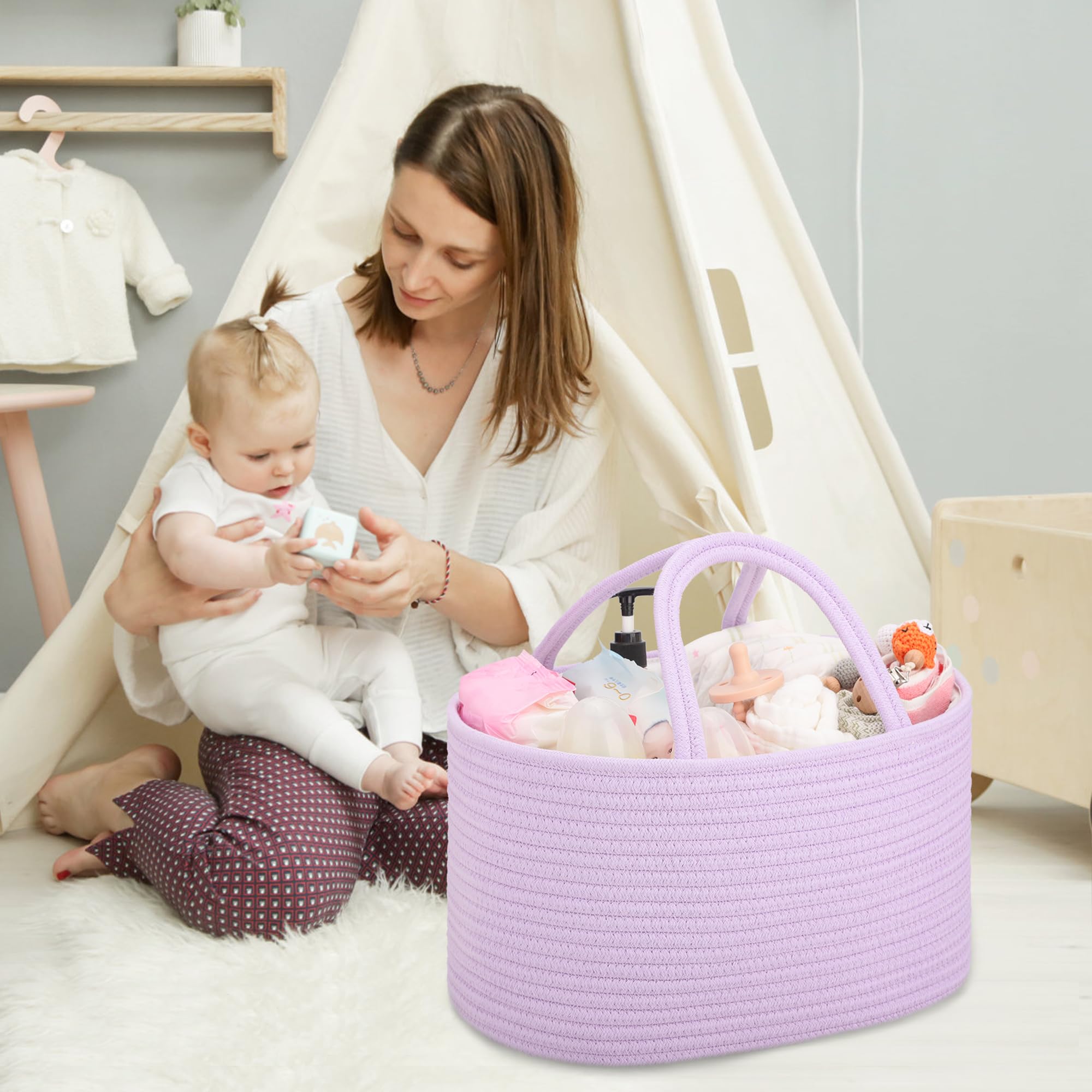 COMSE Large Diaper Caddy long handles for easy nursery transport.