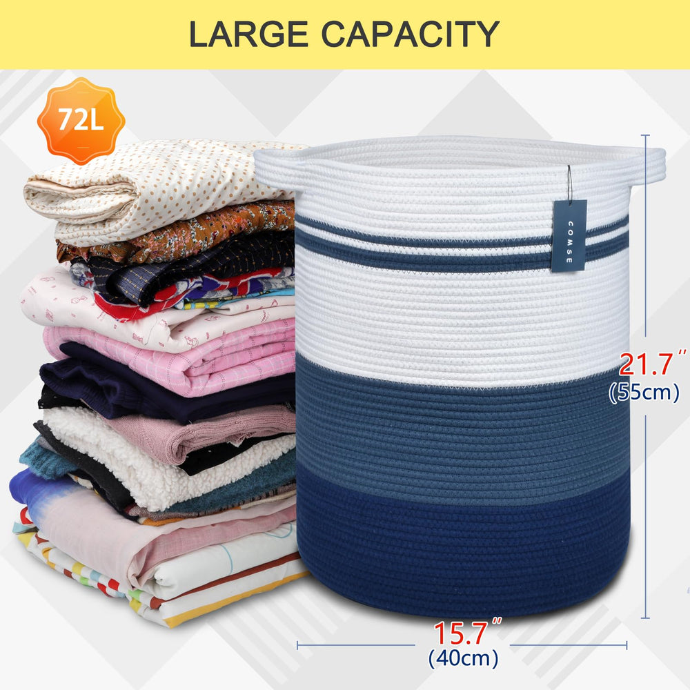COMSE tall cotton rope basket in nursery organizing clothes and toys.