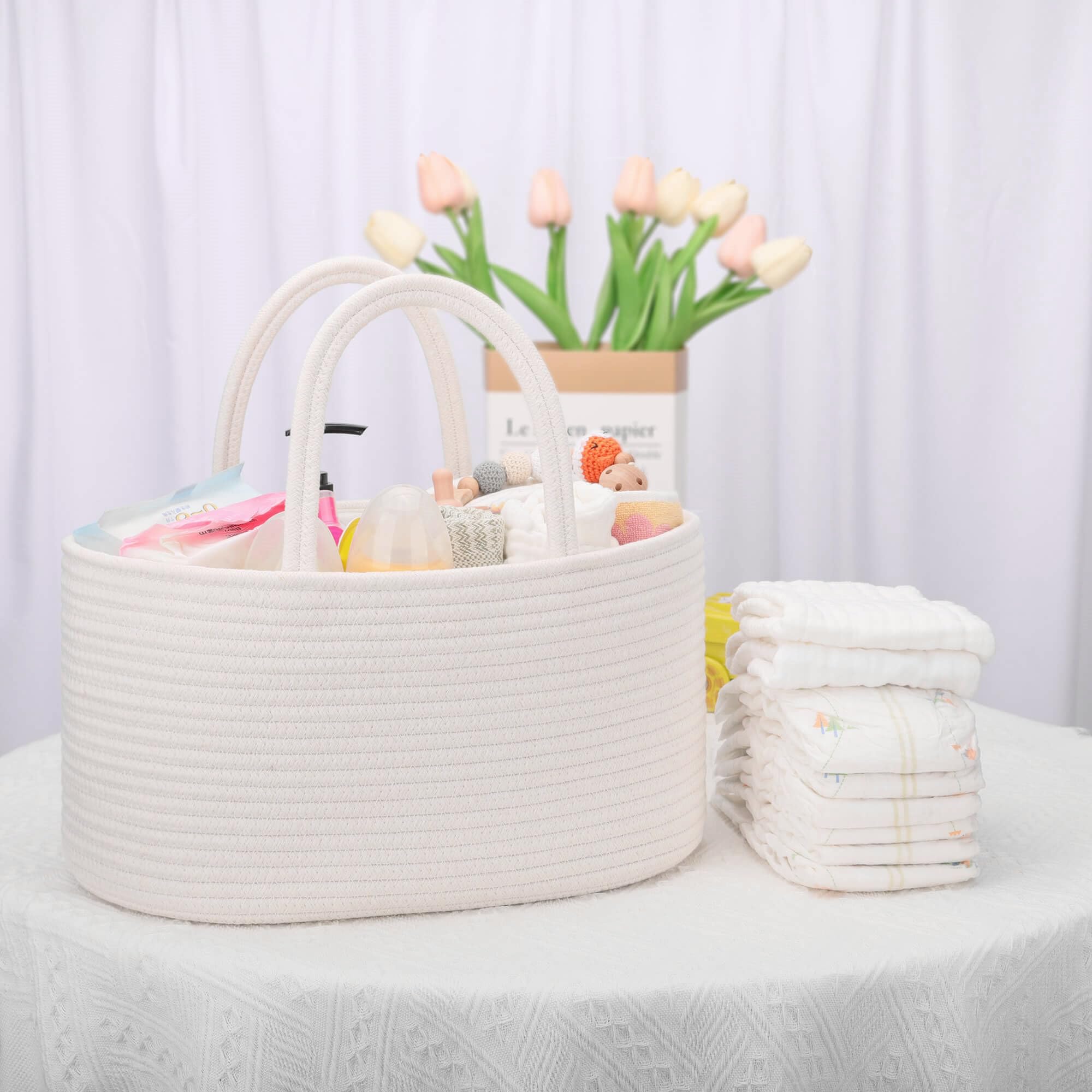 COMSE multi-compartment diaper caddy organizes diapers, wipes, creams with ease.