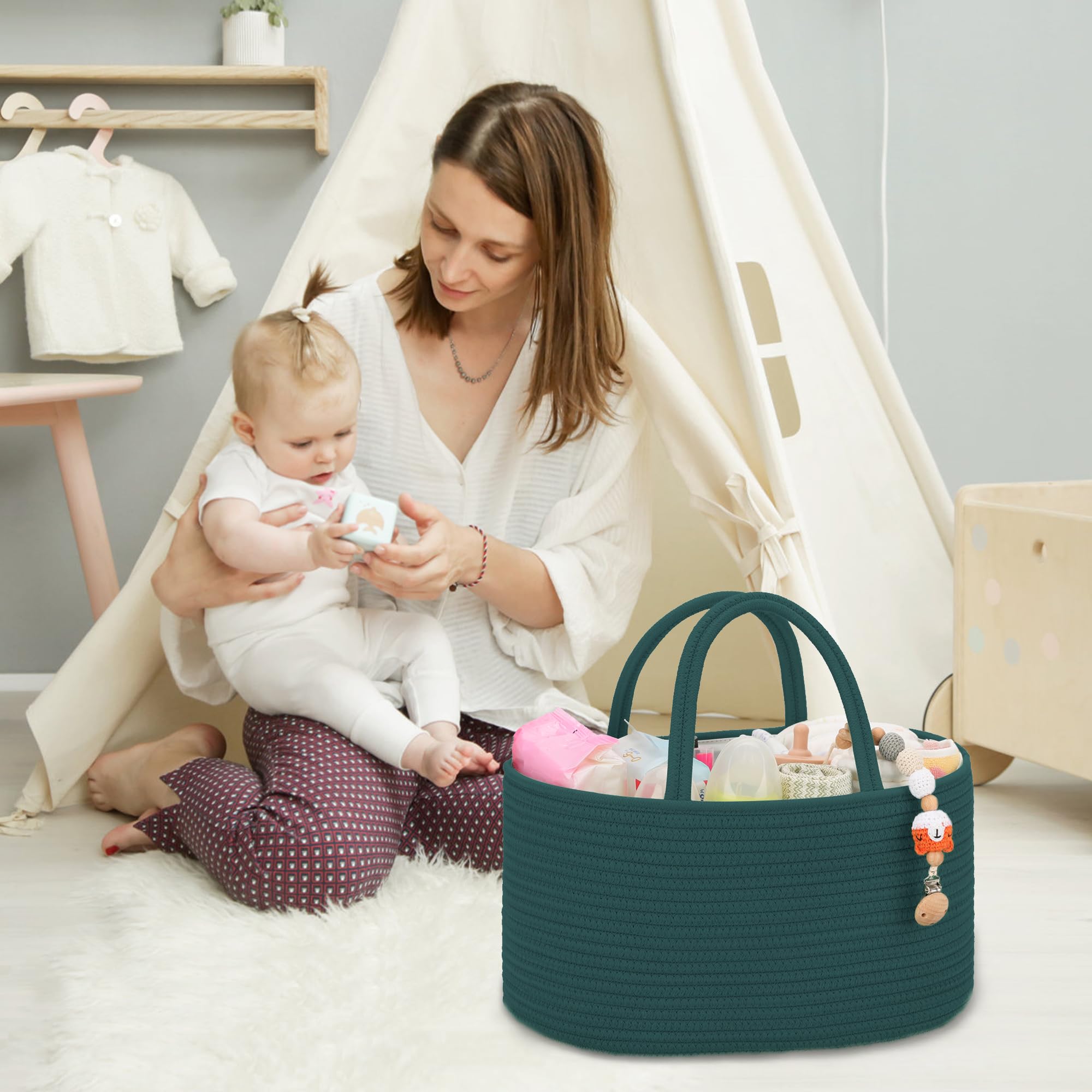 COMSE nursery basket on changing table doubles as toy and bath storage.