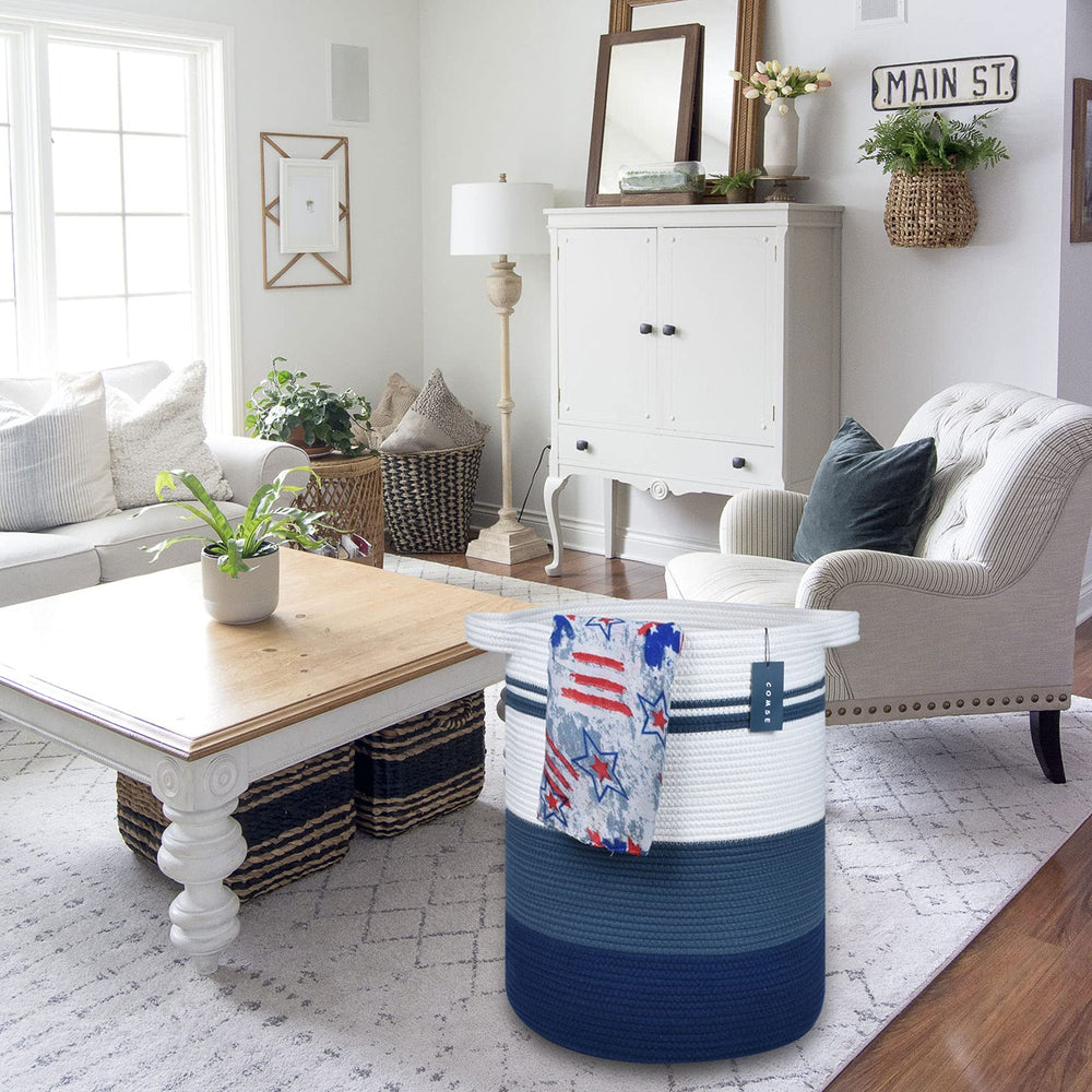 COMSE gradient blue basket used as decorative home storage solution.