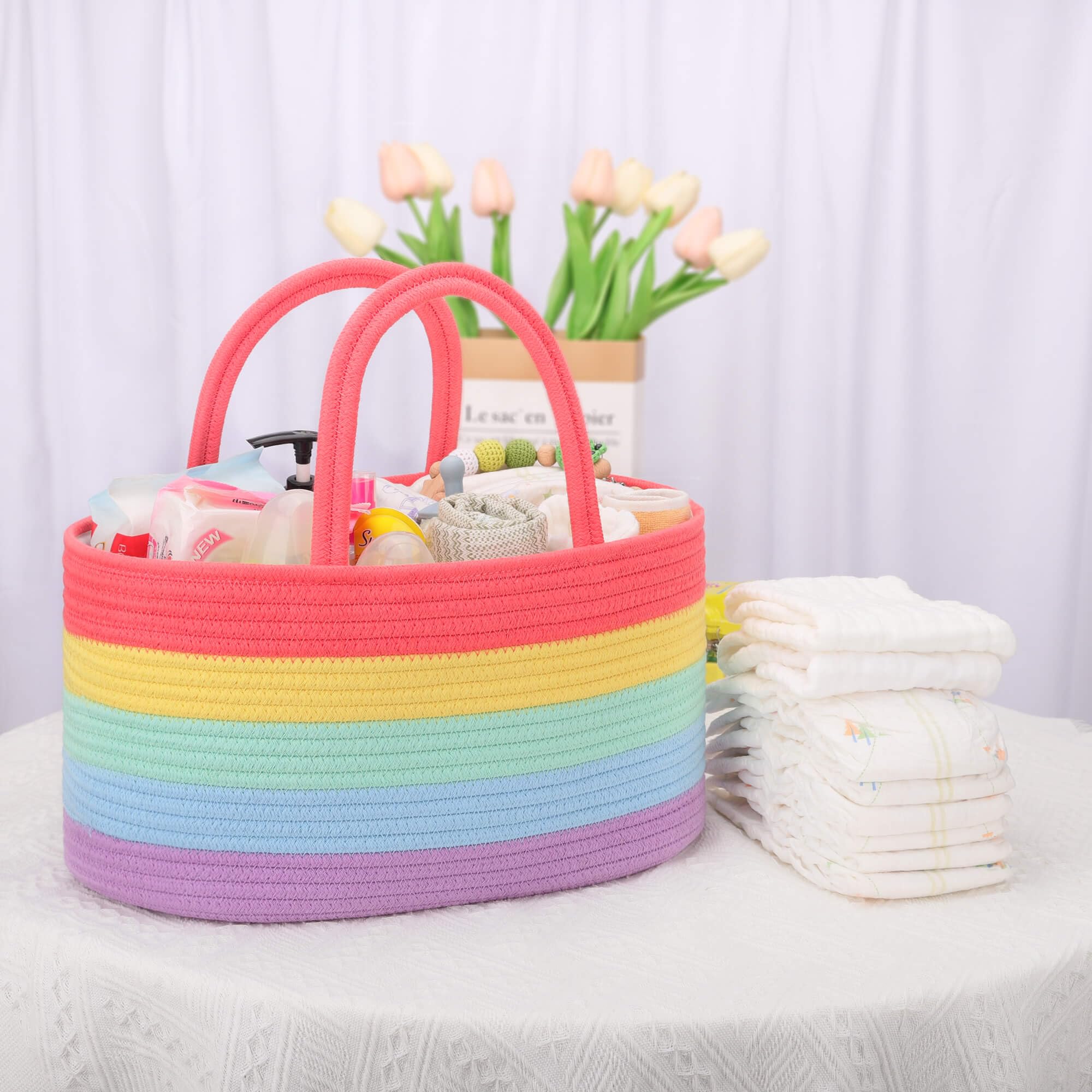 COMSE Rainbow baby caddy on dresser demonstrating versatile storage