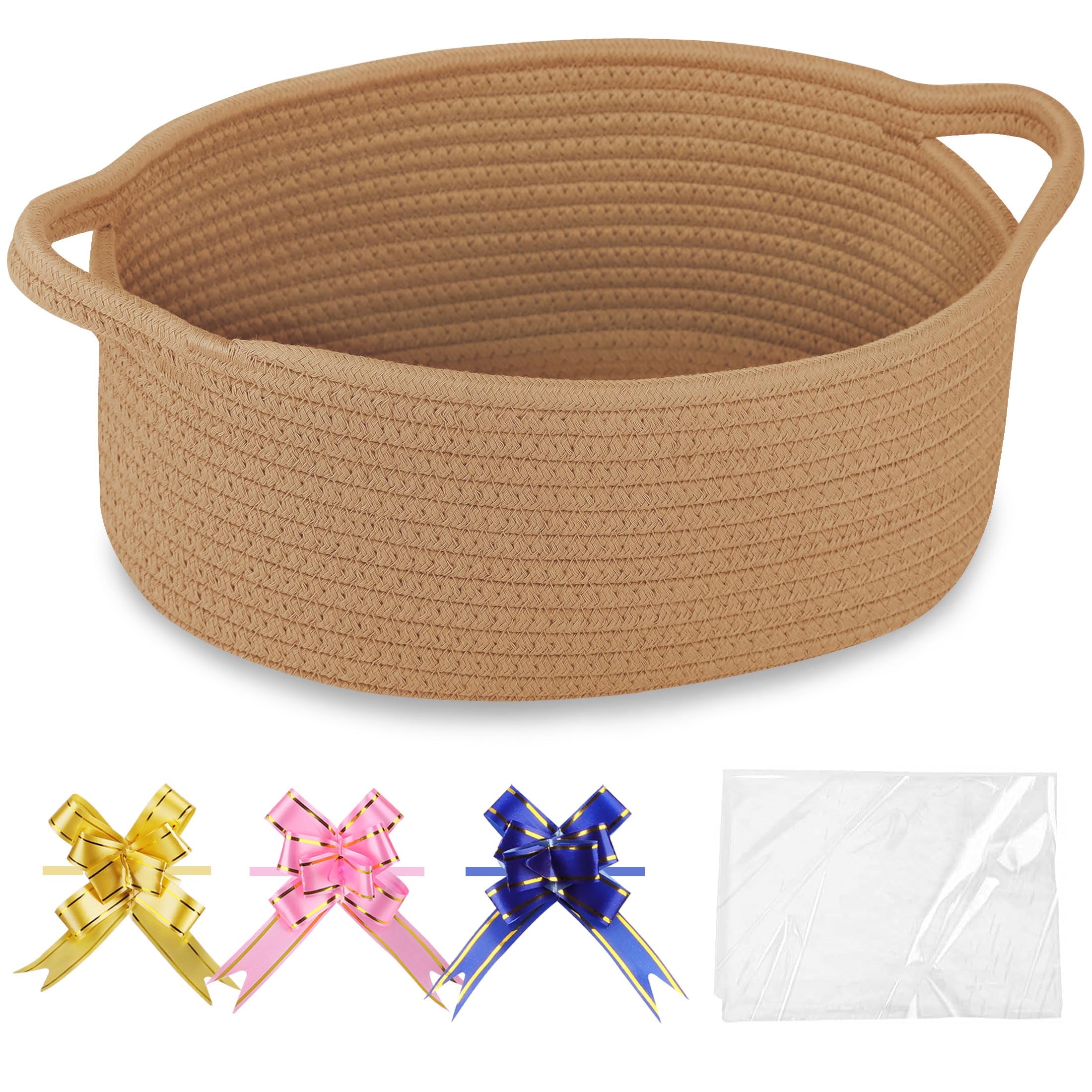 COMSE small woven basket camel front view shows sturdy handles for easy transport.
