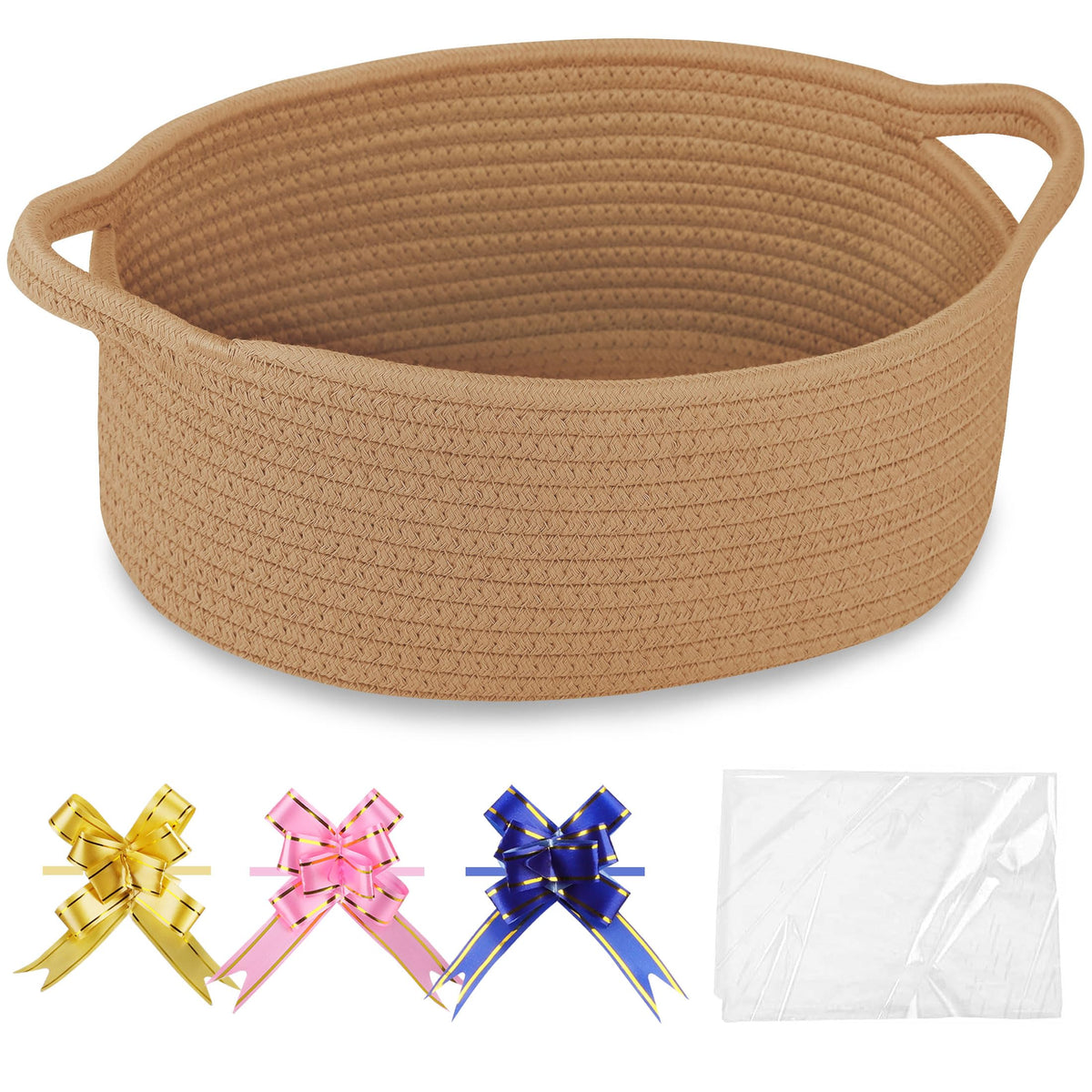 COMSE small woven basket camel front view shows sturdy handles for easy transport.