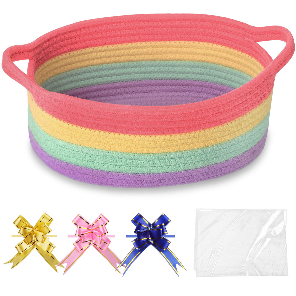 COMSE small woven basket with gift bag ribbons for easy gifting and presentation