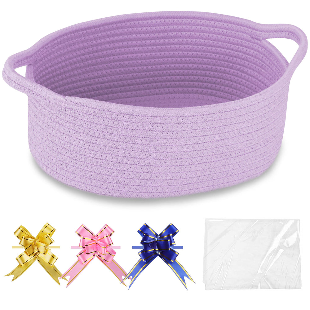 COMSE small woven basket with gift bags and ribbons, ideal for organized gifting.