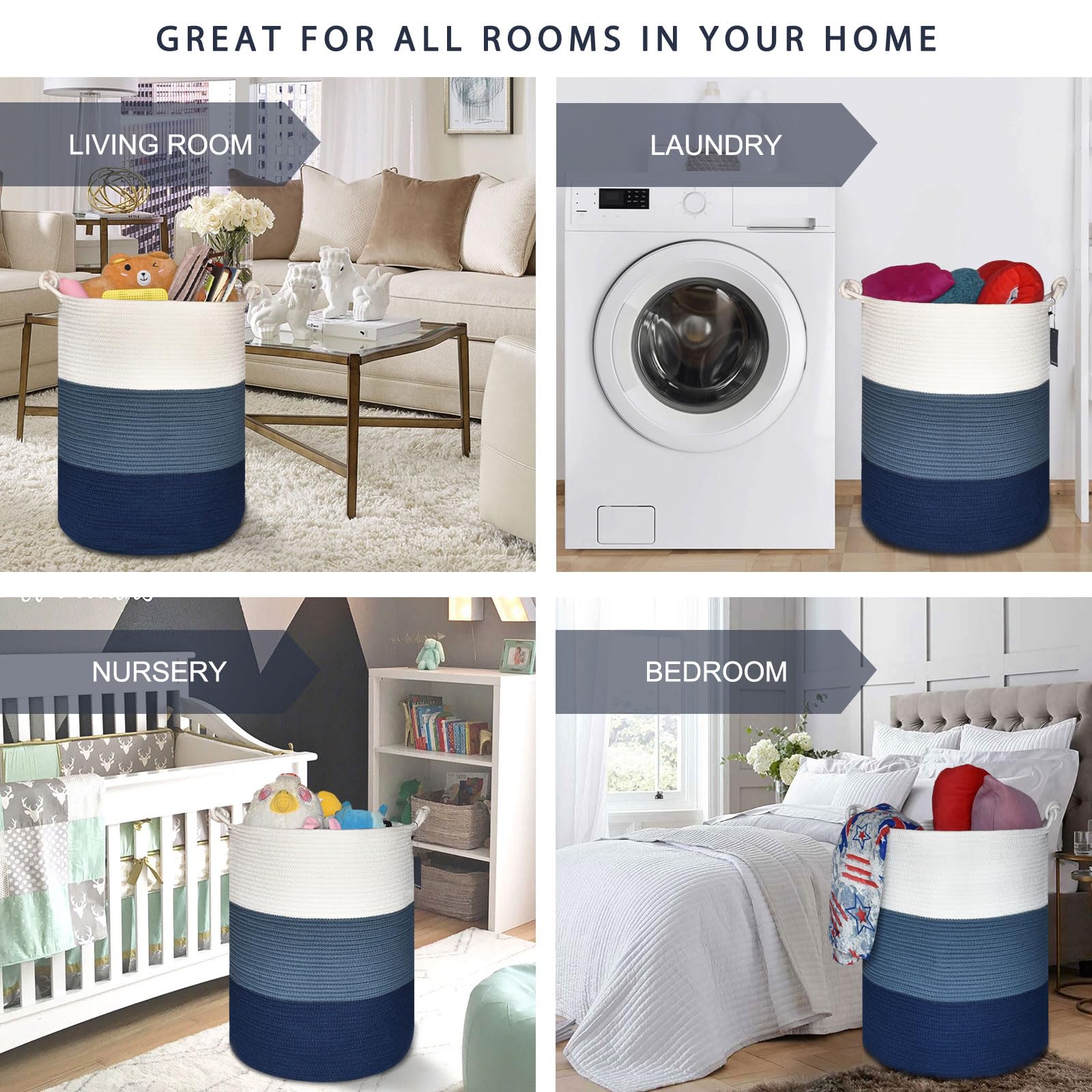 COMSE tall woven storage basket side angle highlights easy-to-move handles.