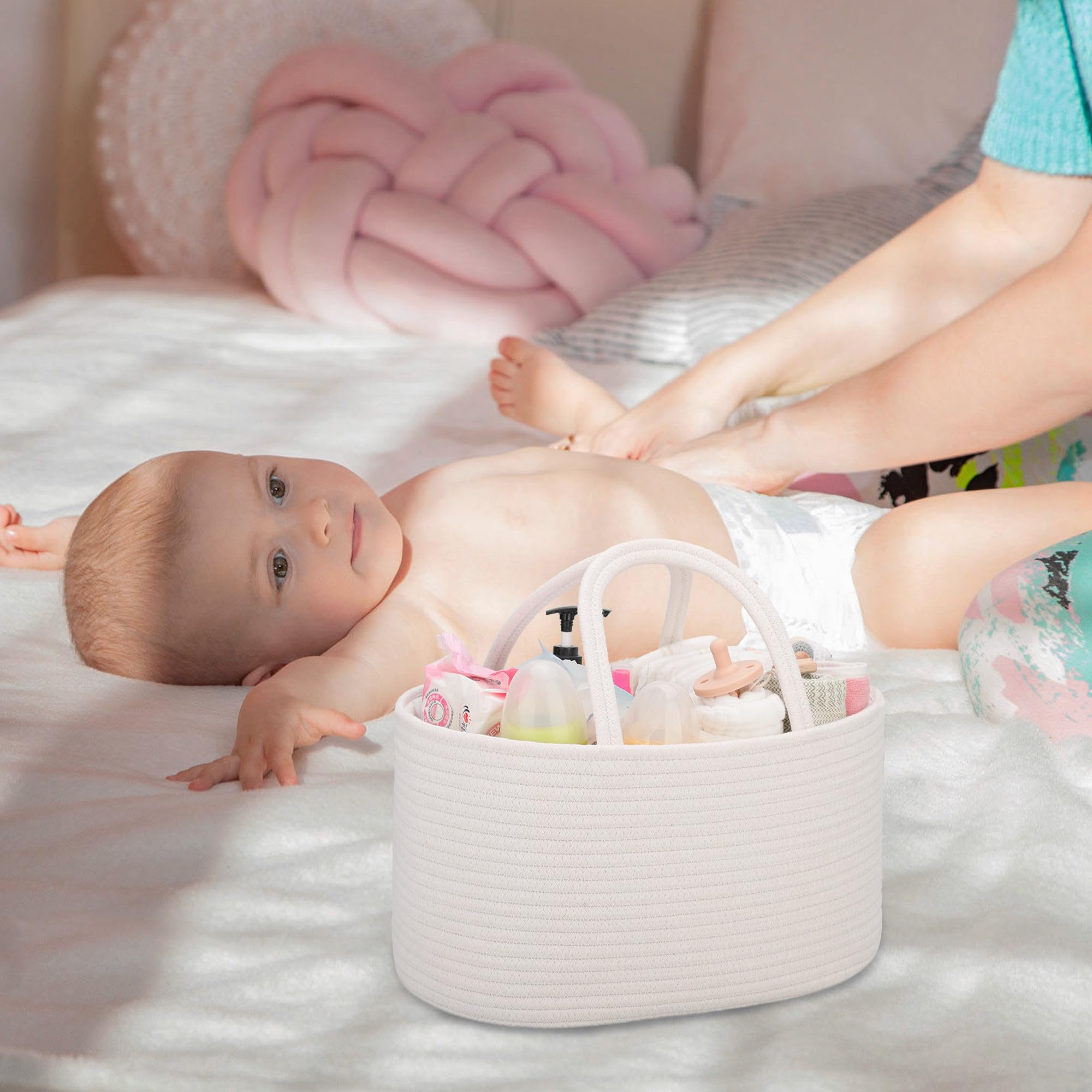 COMSE white diaper caddy with sturdy handles for easy carrying and mobility.