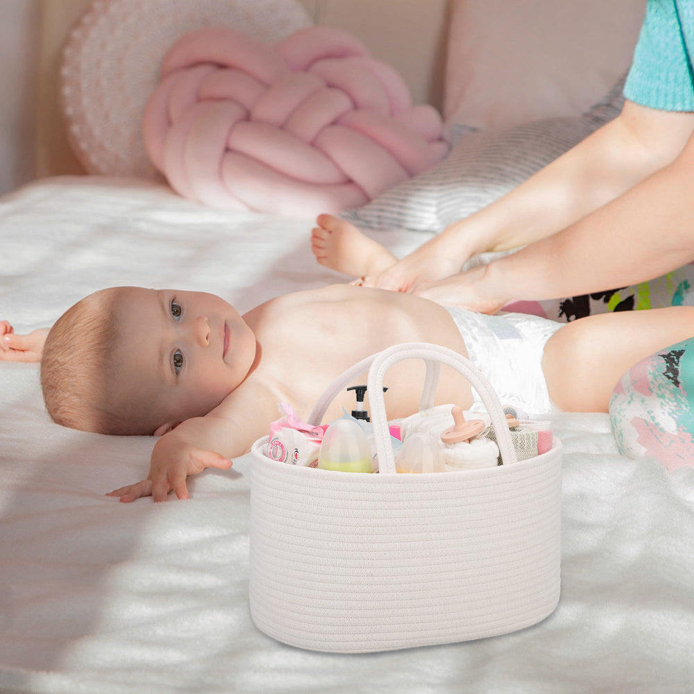 COMSE white diaper caddy with sturdy handles for easy carrying and mobility.