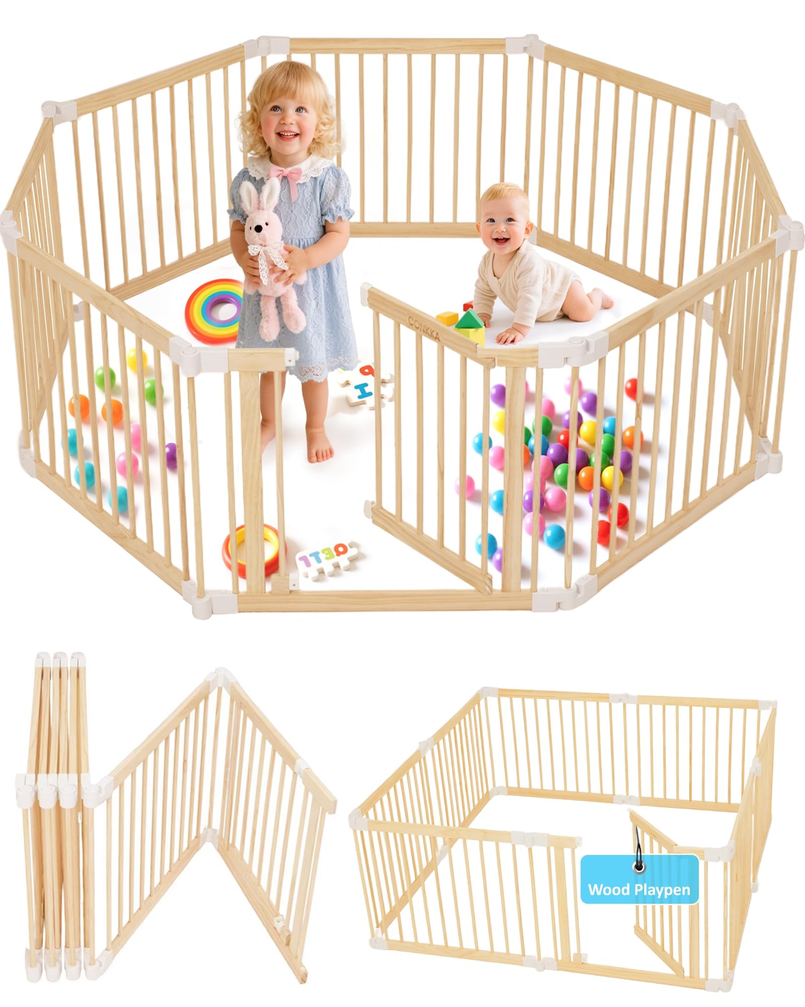 CONKKA Foldable playpen panels assemble into a safe, customizable play area.