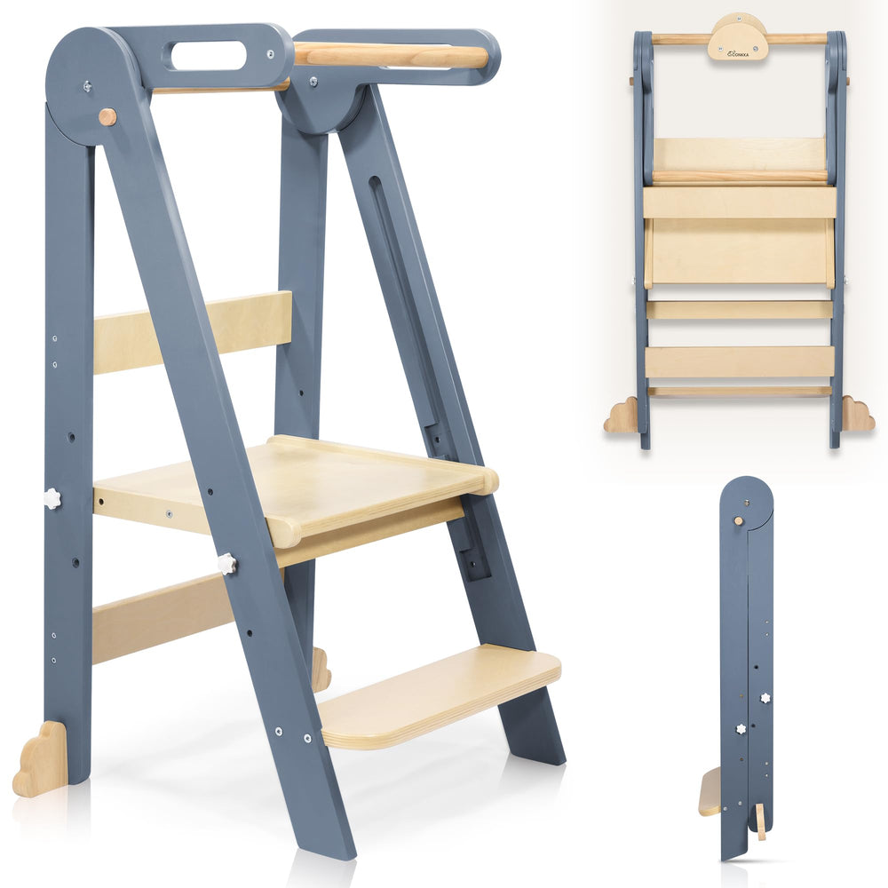 CONKKA foldable toddler kitchen stool side view shows sturdy birch wood for safe daily use.