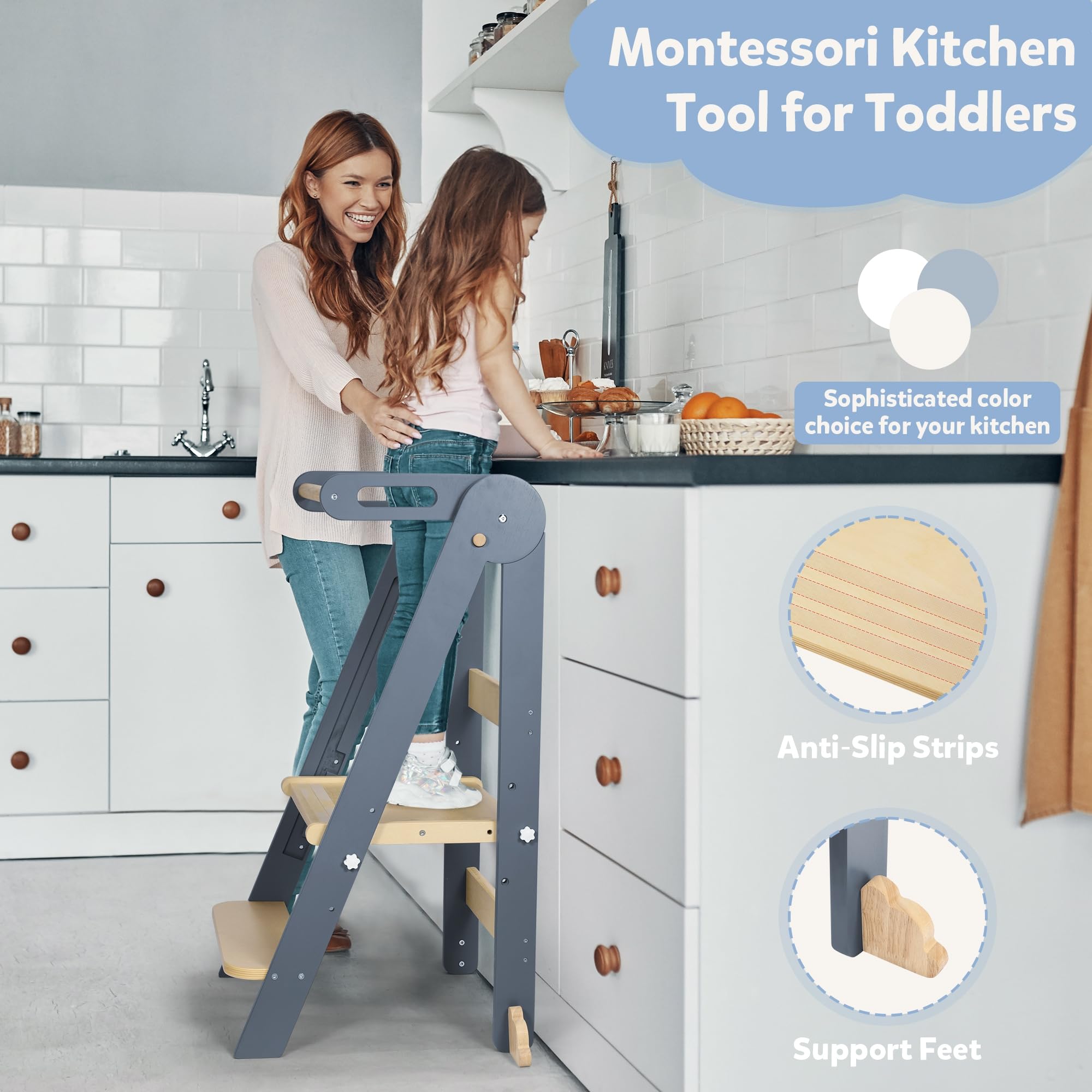 CONKKA folding Montessori learning tower emphasizes easy assembly and compact storage.