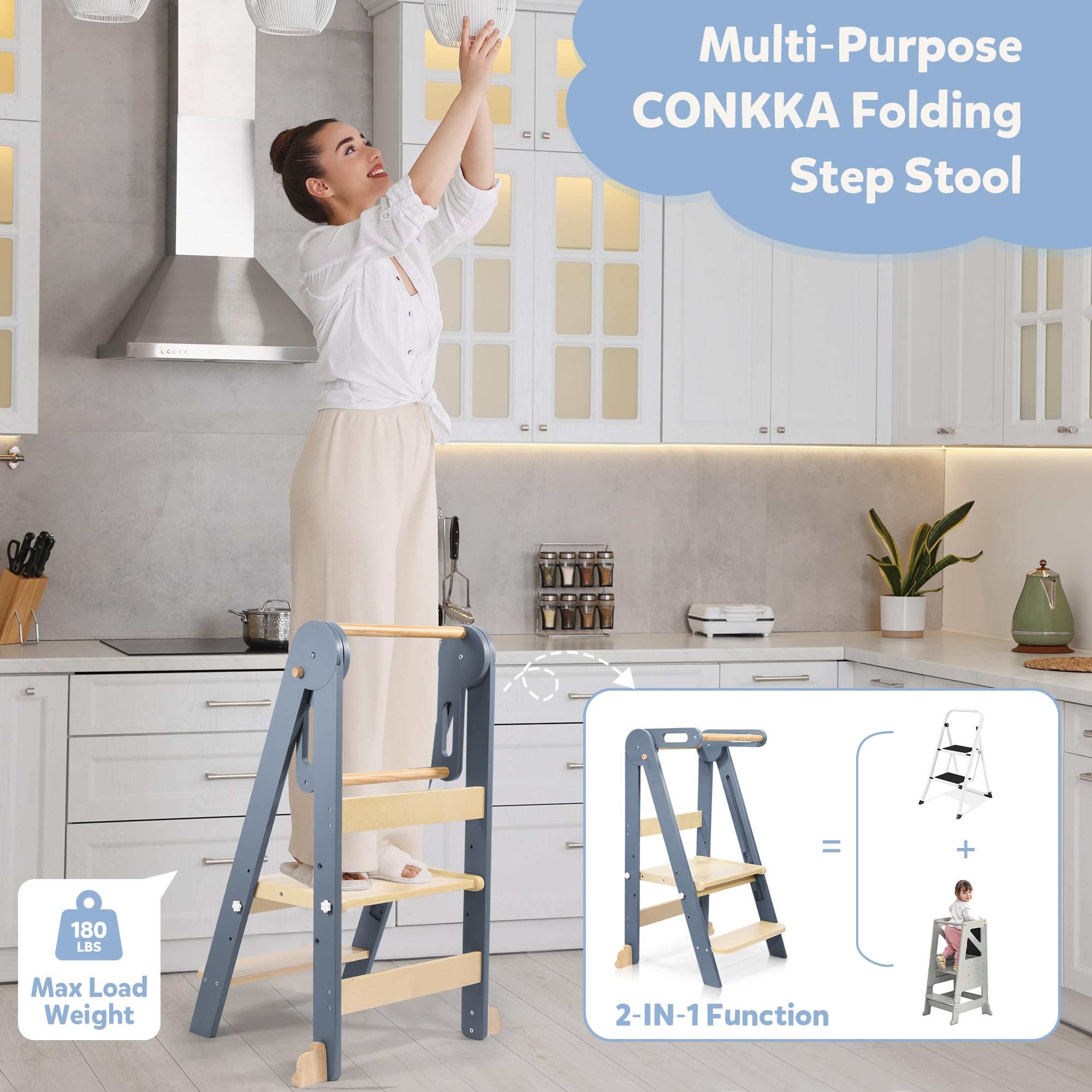CONKKA stool with safety rail provides guided support while reaching counters.