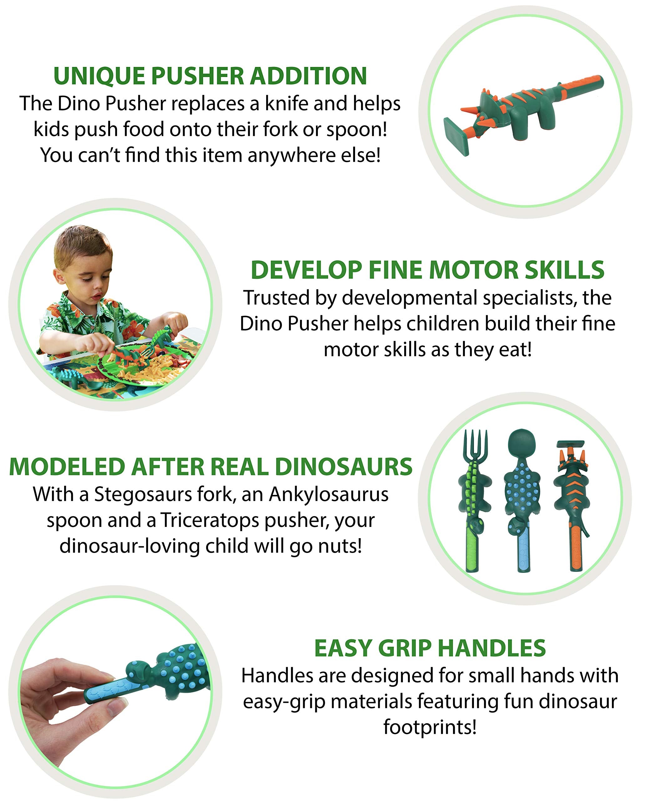 Constructive Eating child dining scene featuring dinosaur-themed utensils