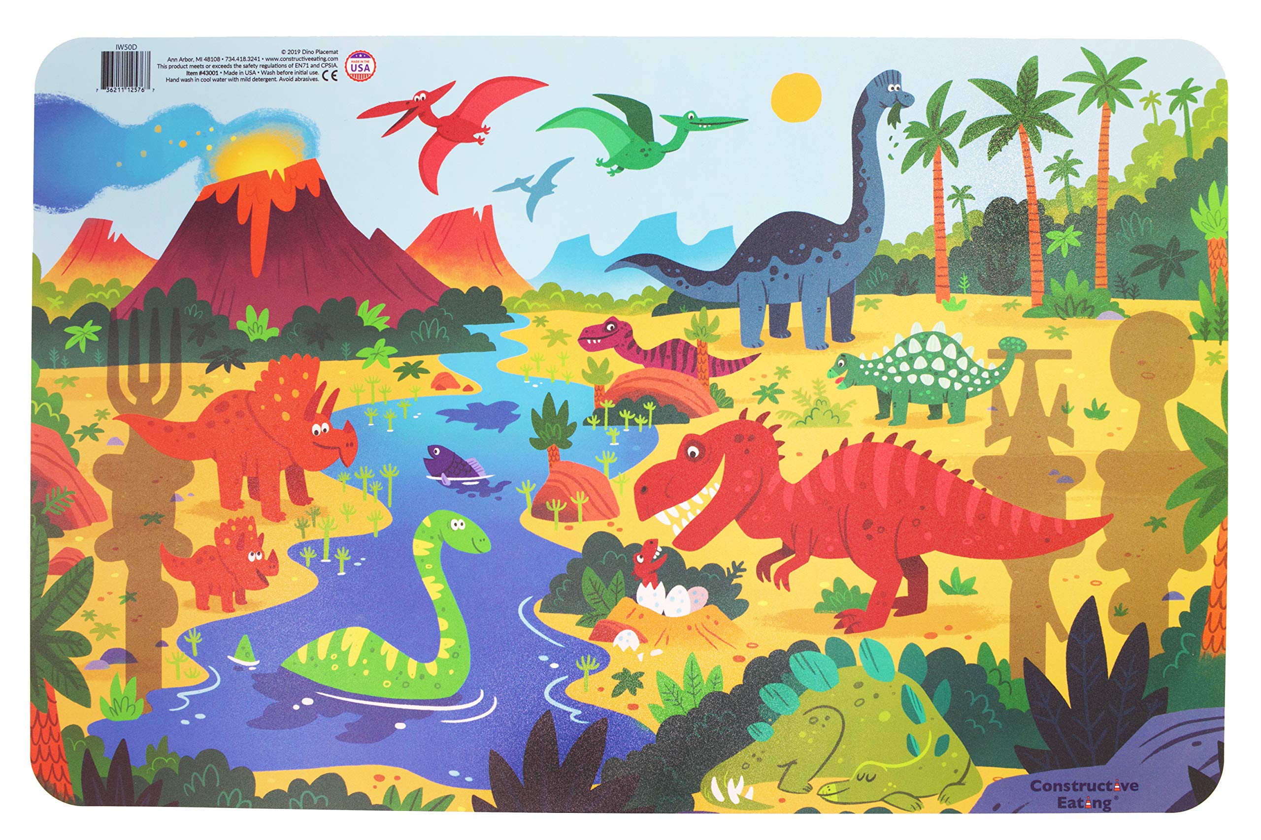 Constructive Eating dinosaur-themed dining set in a real-life mealtime scene