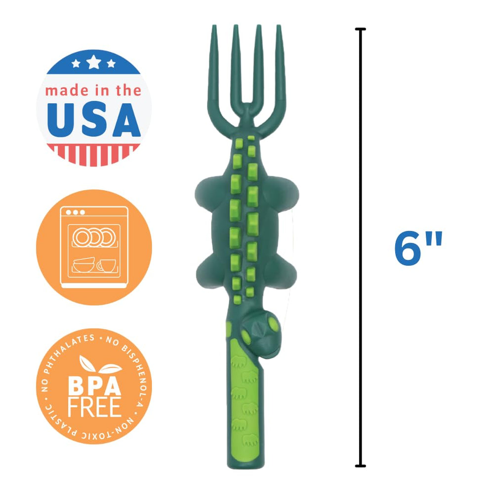 Constructive Eating dinosaur fork close-up with safe rounded tips