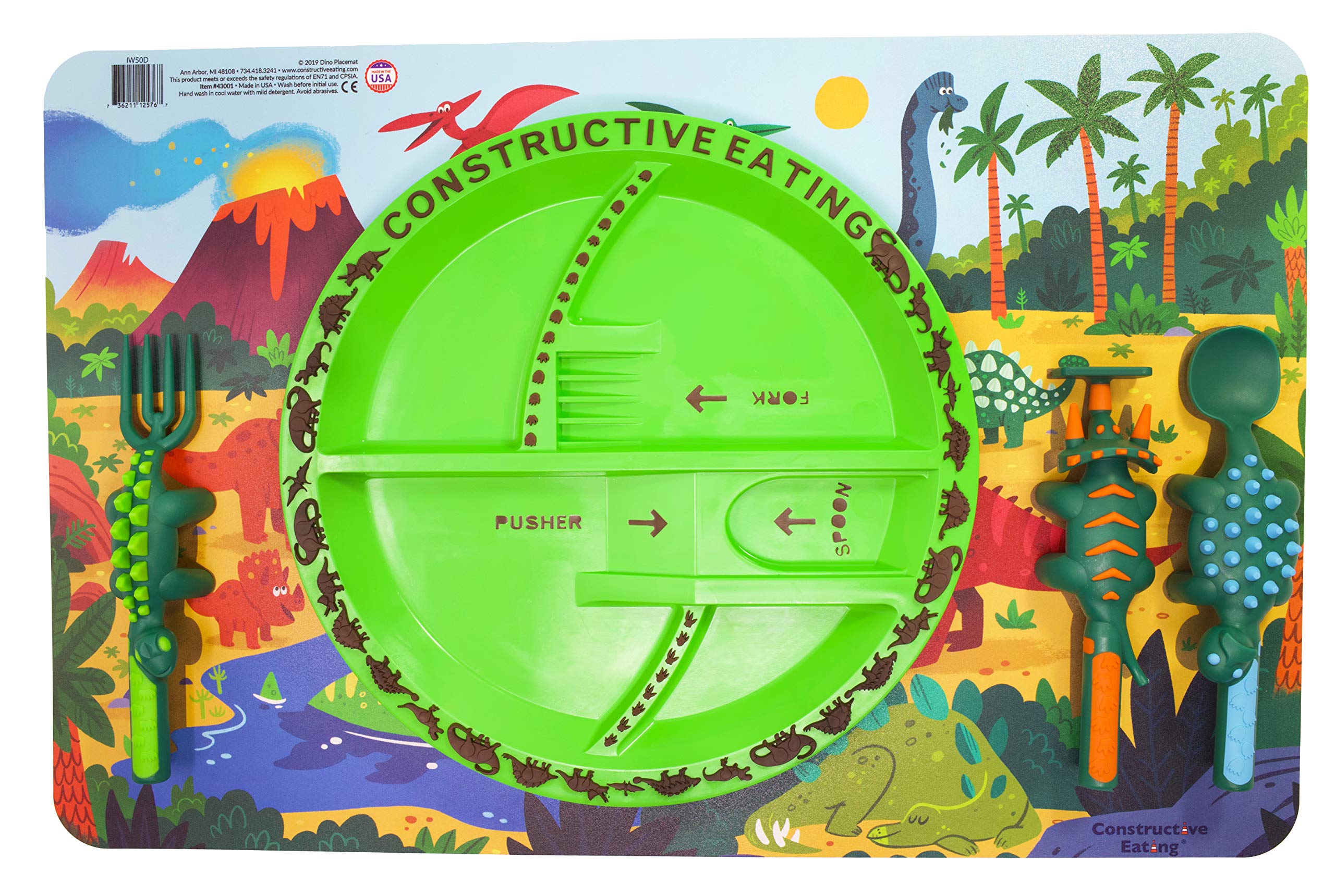 Constructive Eating dinosaur plate with divided sections for balanced meals