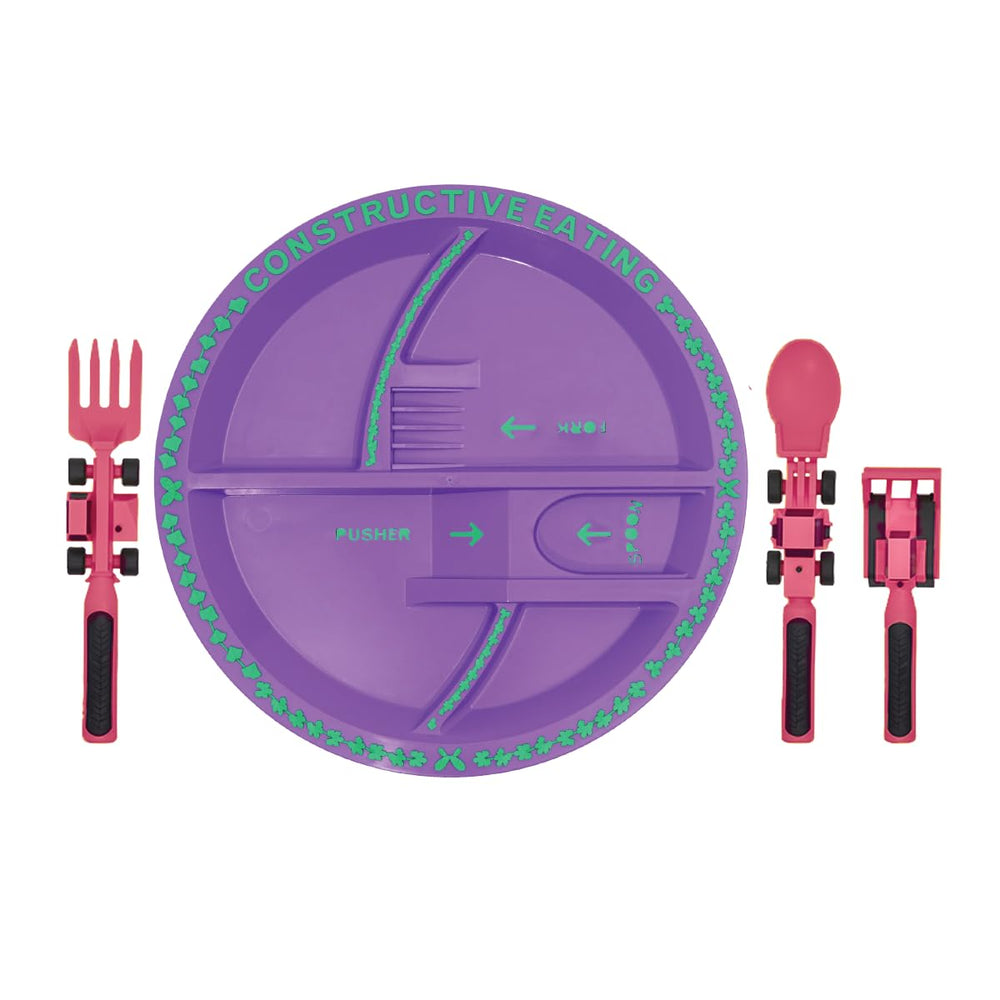 Constructive Eating divided plate pink construction for organized toddler meals and portion control.