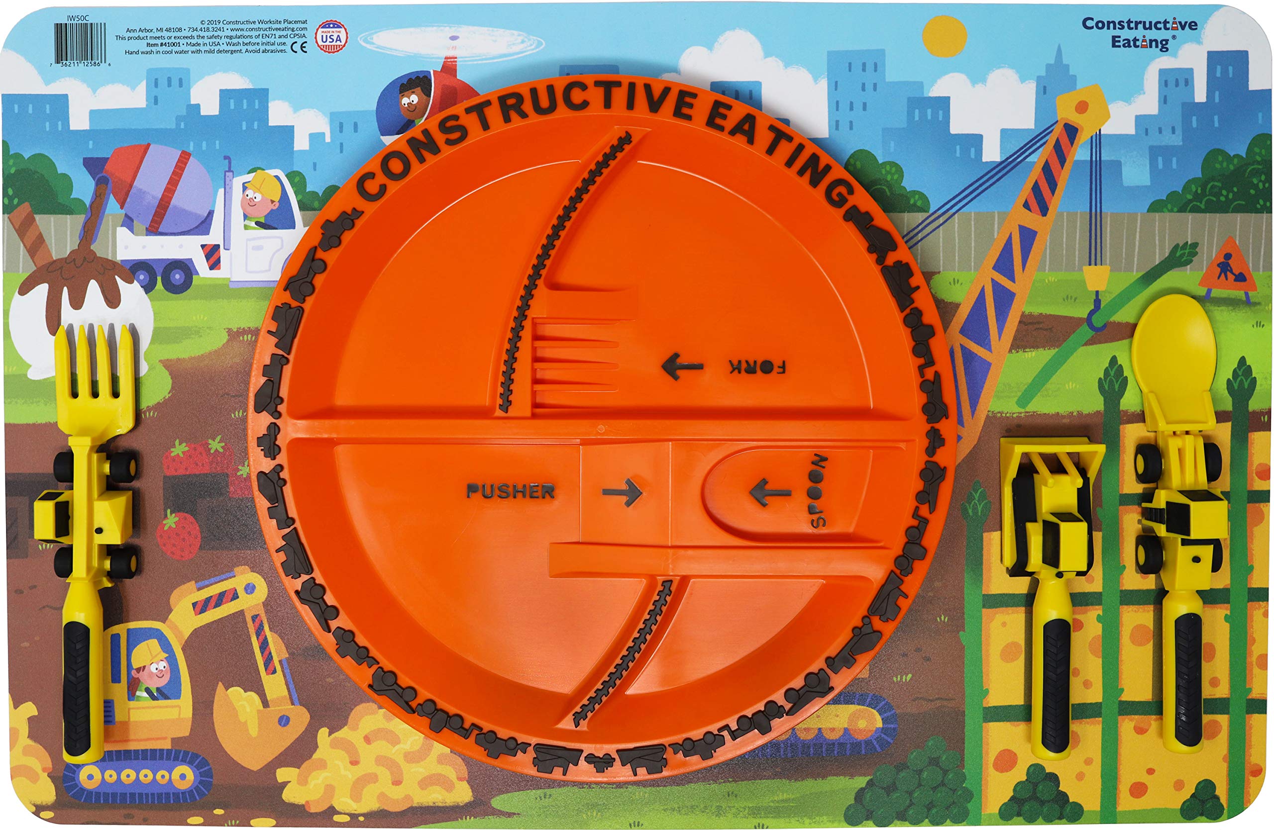 Constructive Eating kids plate with construction theme invites imaginative meals and balanced portions.