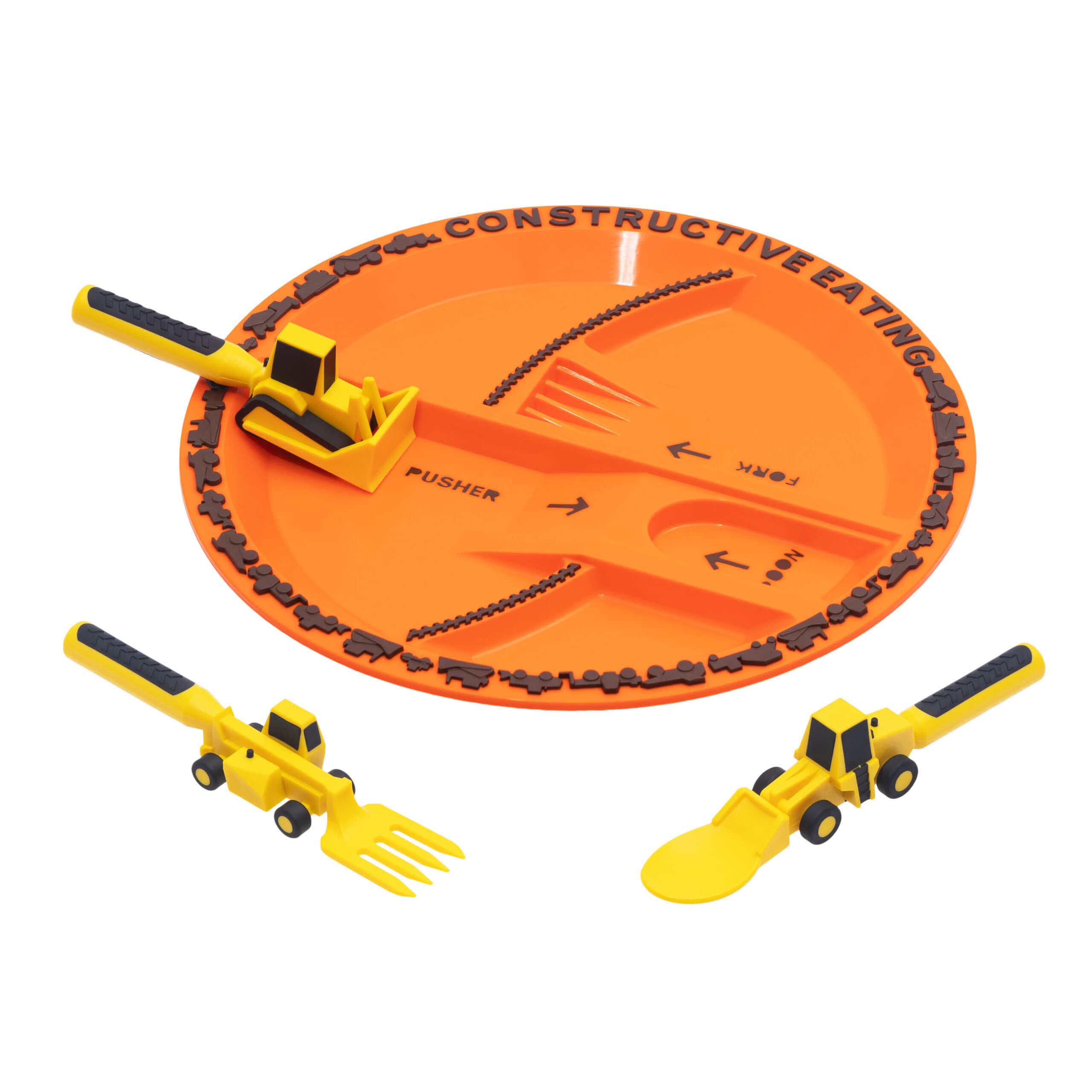 Constructive Eating plate and utensils set on table, durable toddler dinnerware for mealtimes.
