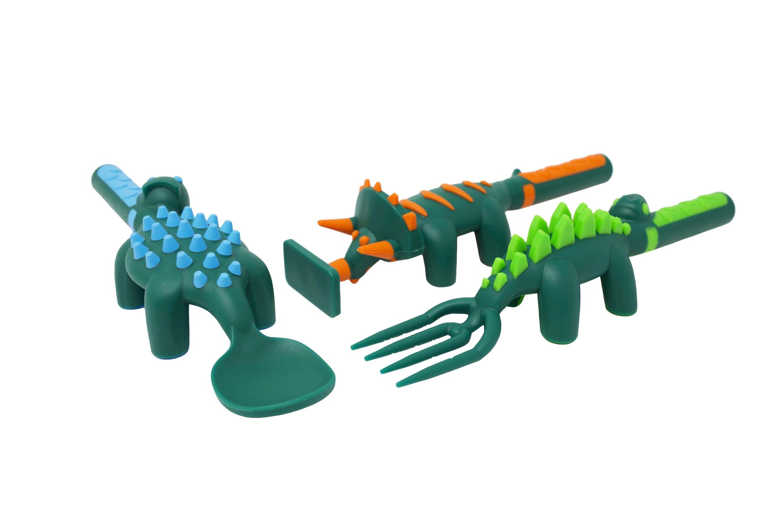 Constructive Eating toddler dinosaur utensils set close-up shows ergonomic handles