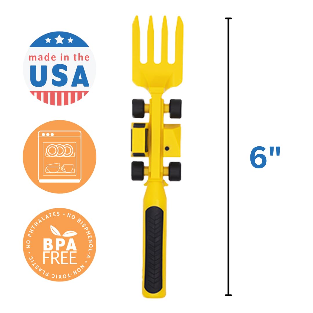 Constructive Eating toddler utensils close-up designed to promote independence and fine motor practice.