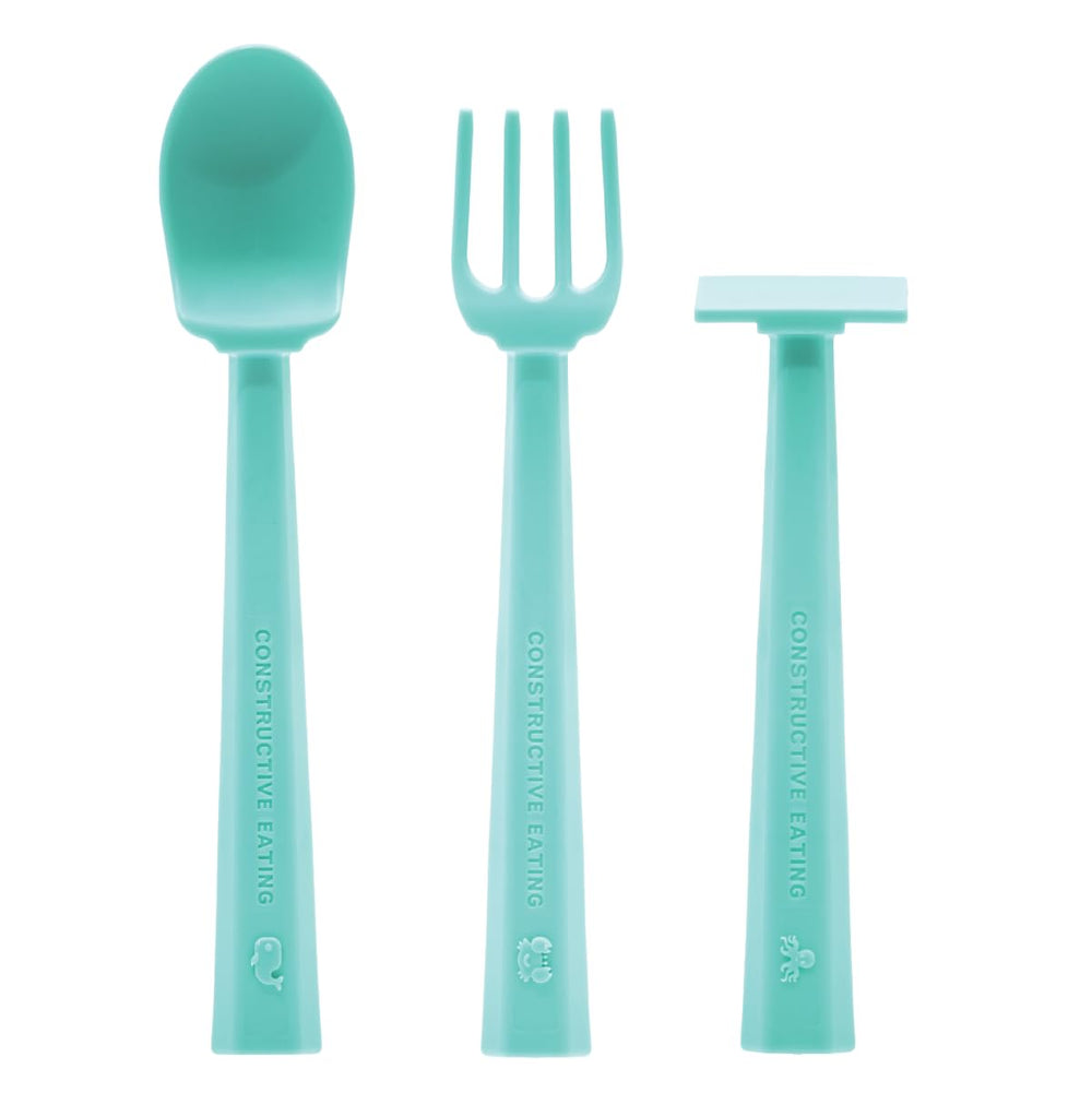 Constructive Eating training utensils seafoam turtle design encourages independent feeding at home.
