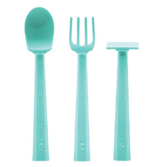 Constructive Eating training utensils seafoam turtle design encourages independent feeding at home.