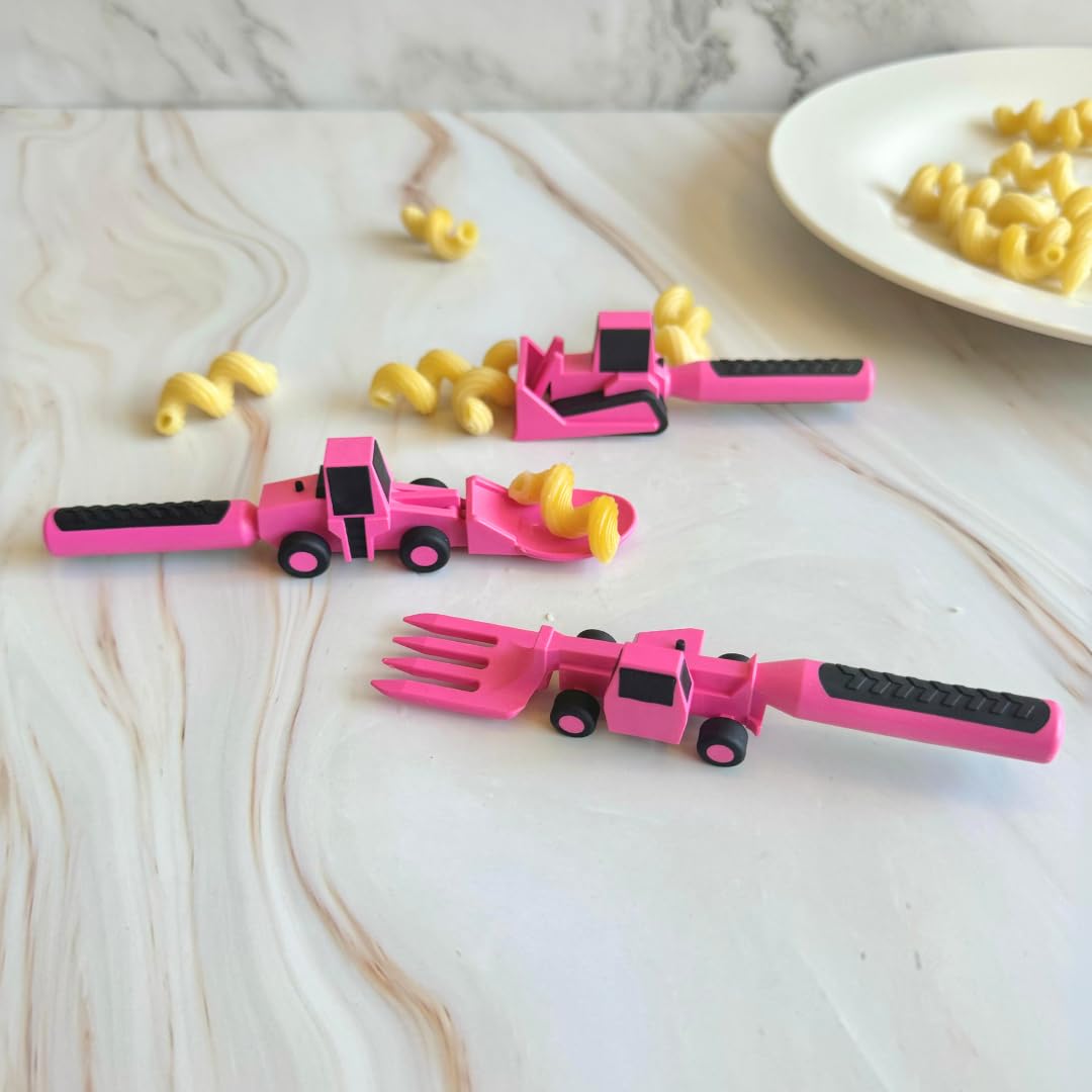 Constructive Eating utensils set pink spoons and forks designed for little hands and mess minimization.