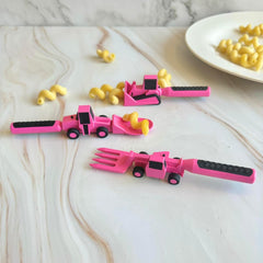 Constructive Eating utensils set pink spoons and forks designed for little hands and mess minimization.