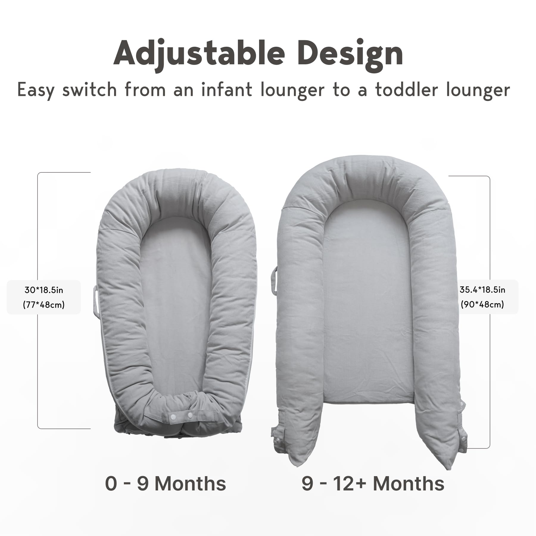 CooCooBaby lounger with adjustable ends grows with baby during growth milestones.