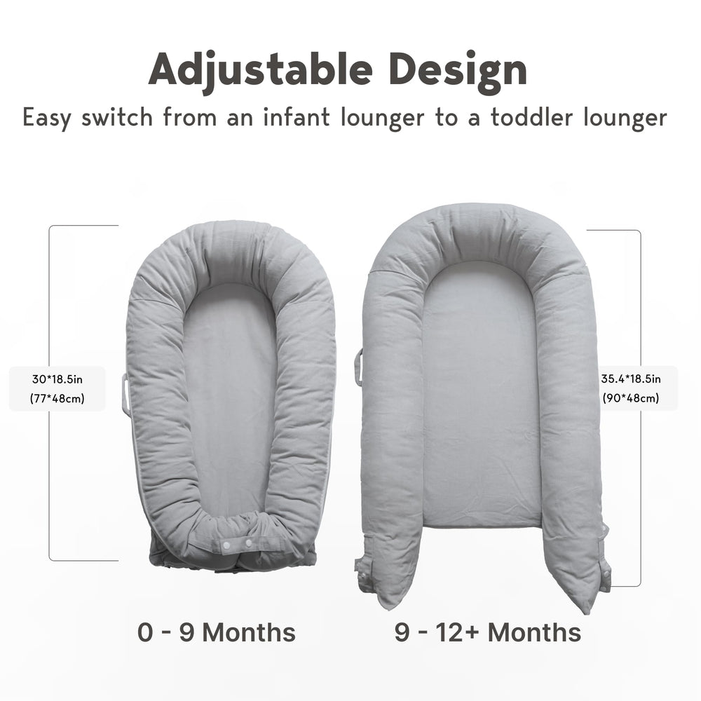 CooCooBaby lounger with adjustable ends grows with baby during growth milestones.