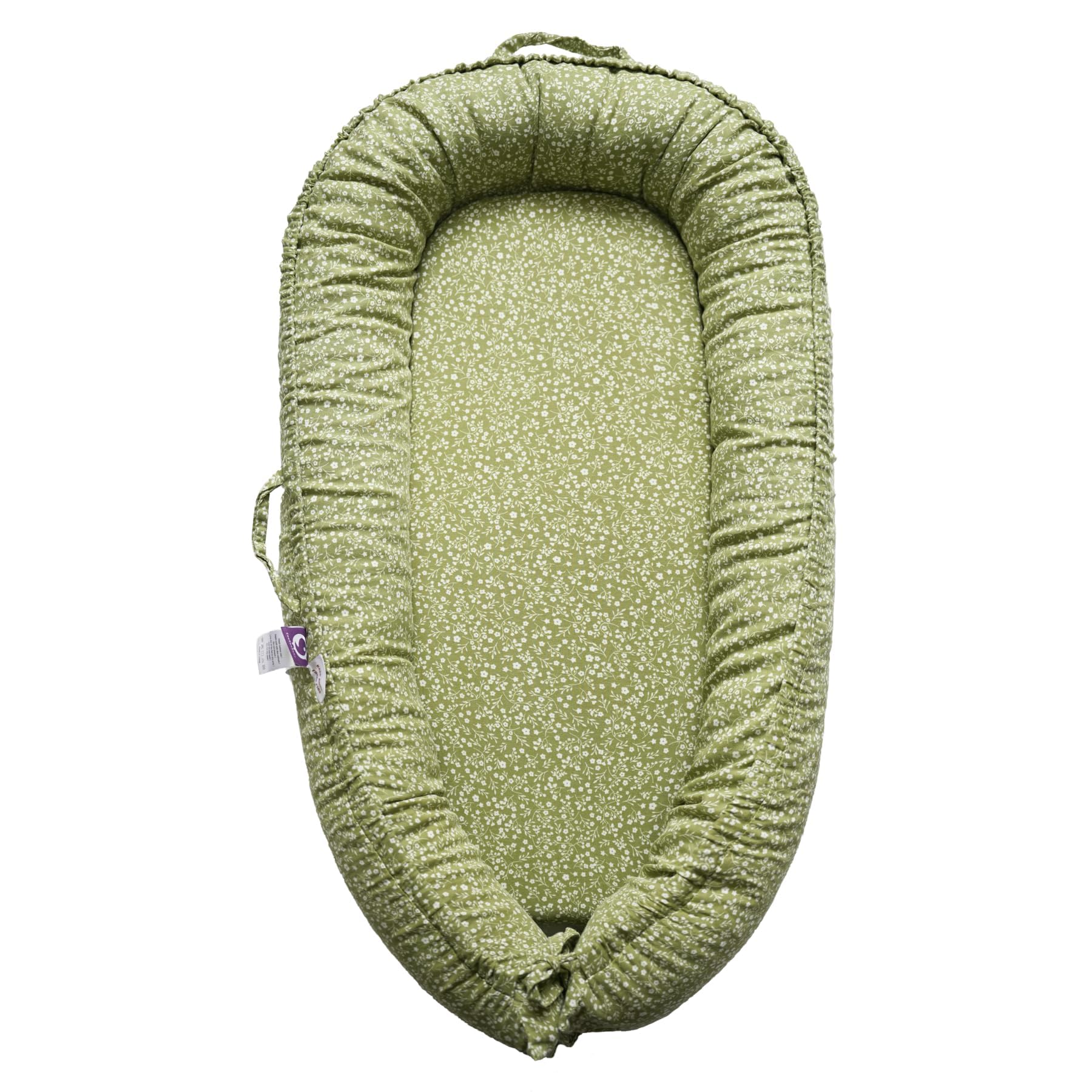 CooCooBaby infant lounger in Green Wonder cover offers cradle-like support during play.